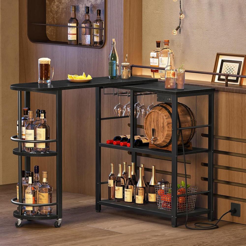 imageHOOBRO LShaped Bar Table Home Bar Unit with Charging Station 3Tier Shelves with Wine Rack 360 Extendable Bar Table on Wheels Corner Mini Coffee Cabinet for Pub Kitchen Black BB183UBT01