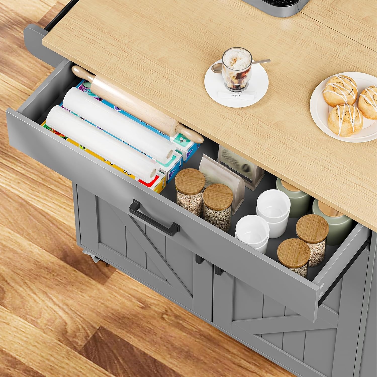 image:imageHOOBRO Kitchen Island with Drop Leaf Countertop amp Power Outlet Rolling Island Cart on Wheels Kitchen Cart with Drawer amp Spice Rack Mobile Island Table for Kitchen Natural and Grey GN86UZD01Natural Grey