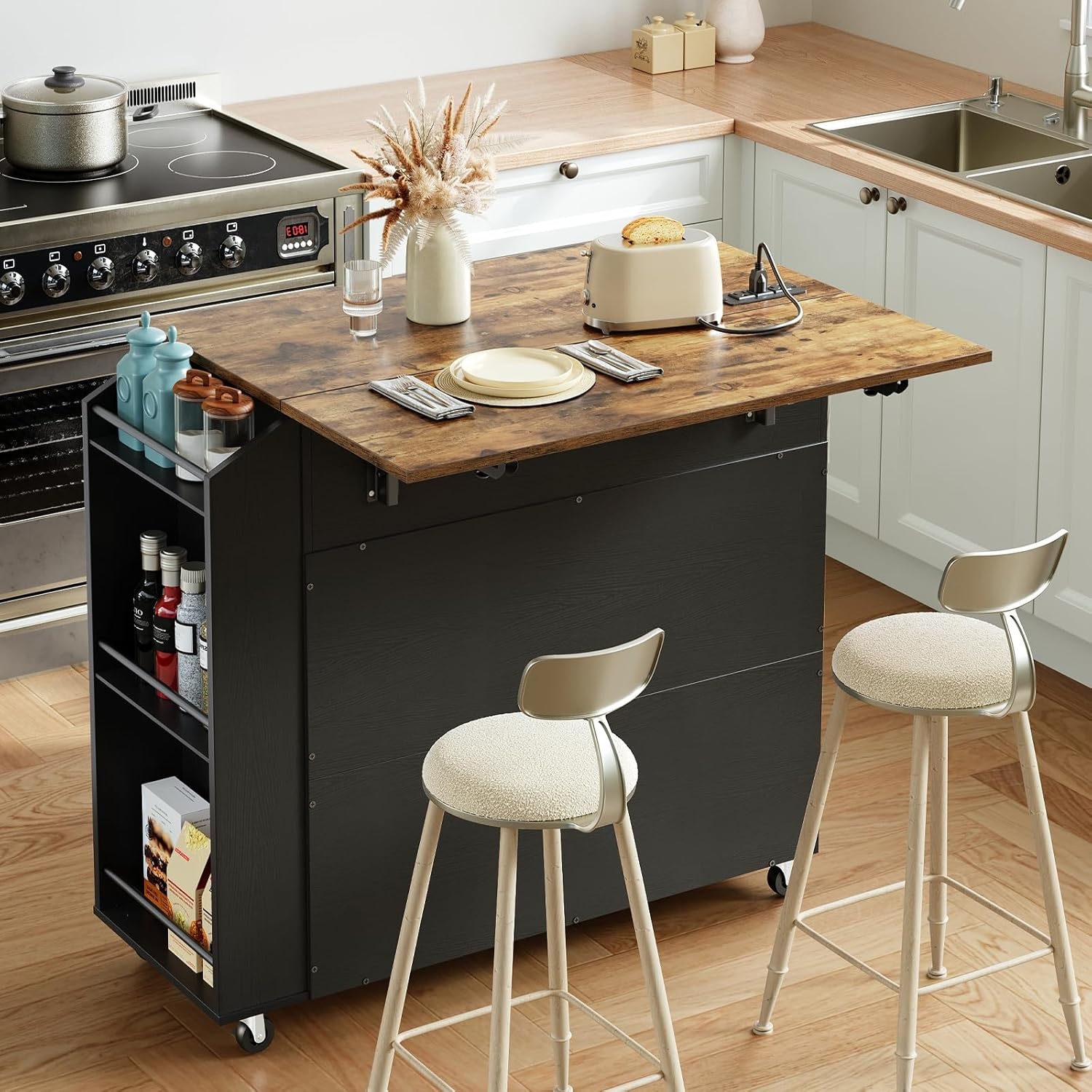 image:imageHOOBRO Kitchen Island with Drop Leaf Countertop amp Power Outlet Rolling Island Cart on Wheels Kitchen Cart with Drawer amp Spice Rack Mobile Island Table for Kitchen Natural and Grey GN86UZD01Rustic Brown Black