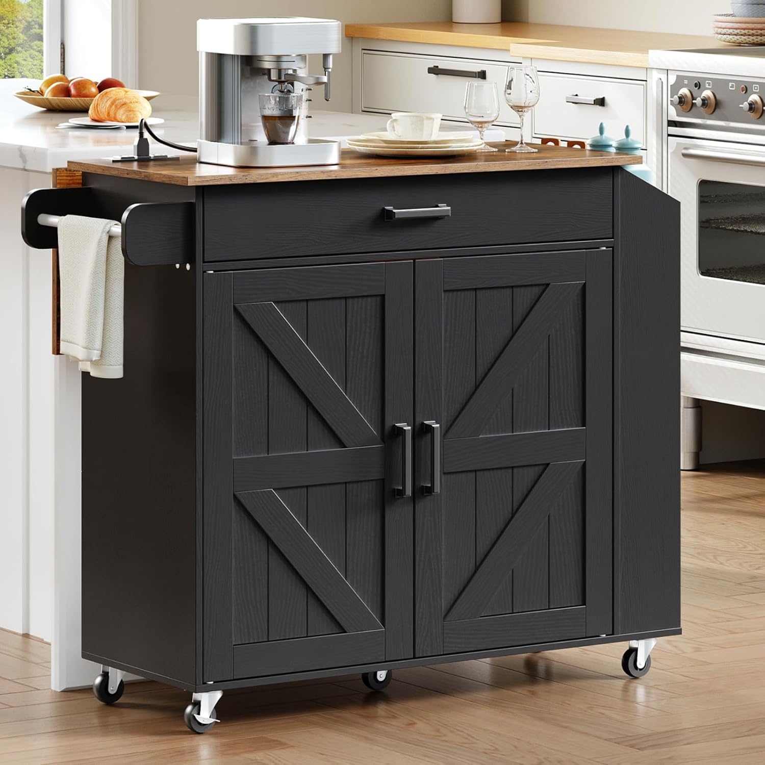 image:imageHOOBRO Kitchen Island with Drop Leaf Countertop amp Power Outlet Rolling Island Cart on Wheels Kitchen Cart with Drawer amp Spice Rack Mobile Island Table for Kitchen Natural and Grey GN86UZD01Rustic Brown Black