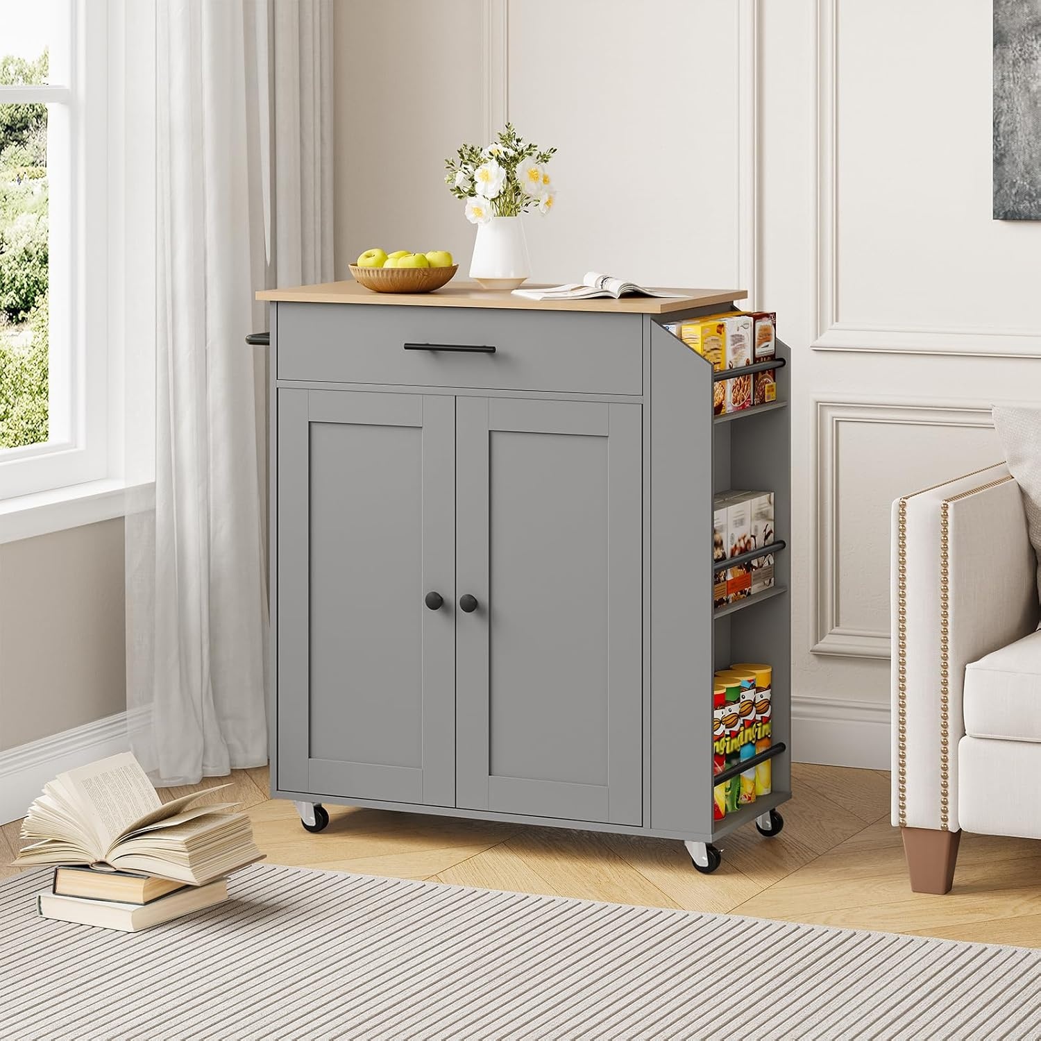 image:imageHOOBRO Kitchen Island with Power Outlet Storage Island with Spice Rack and Drawer Rolling Kitchen Cart on Wheels for Home Dining Room Natural and Green JN82UZD01G1Natural Gray