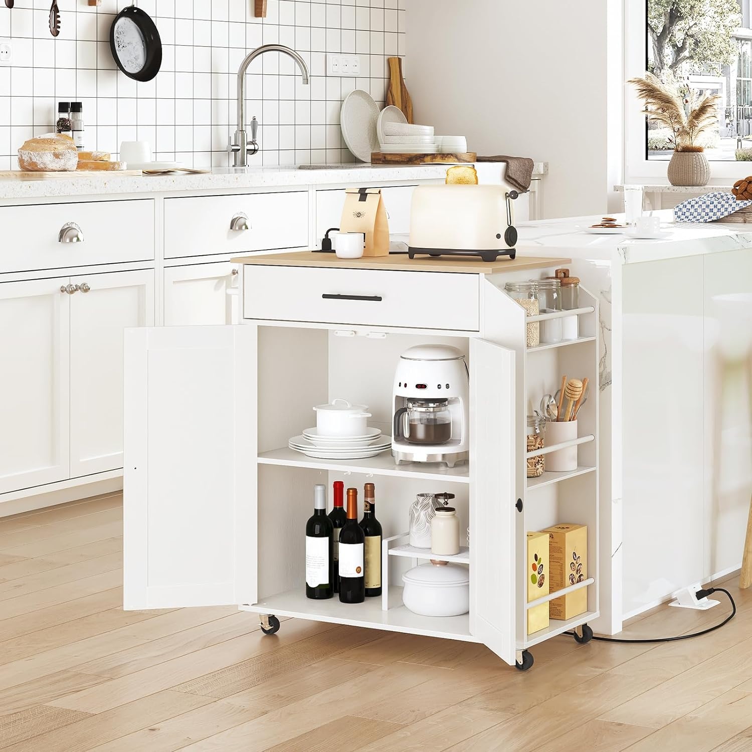 image:imageHOOBRO Kitchen Island with Power Outlet Storage Island with Spice Rack and Drawer Rolling Kitchen Cart on Wheels for Home Dining Room Natural and Green JN82UZD01G1Natural White