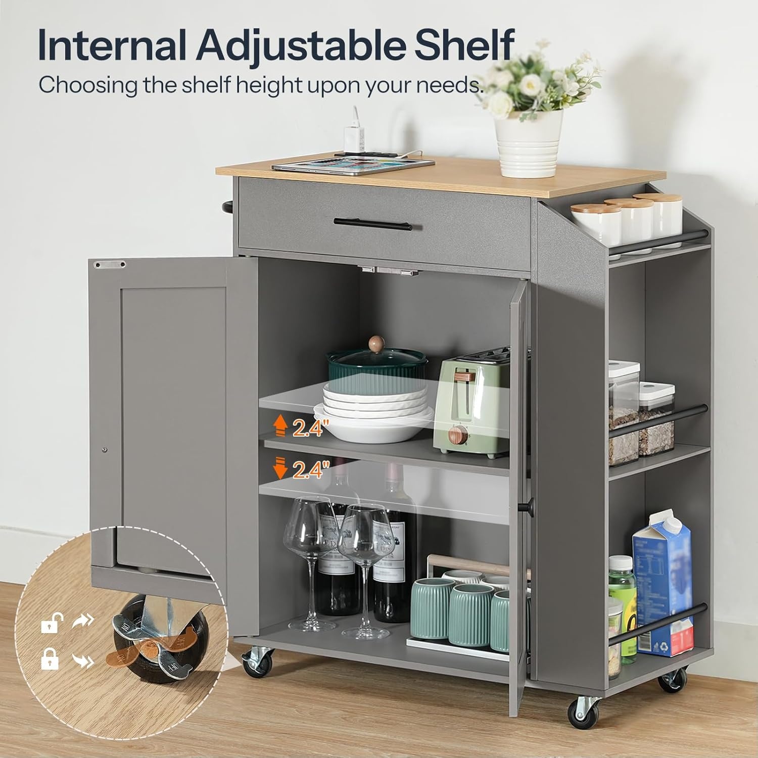 image:imageHOOBRO Kitchen Island with Power Outlet Storage Island with Spice Rack and Drawer Rolling Kitchen Cart on Wheels for Home Dining Room Natural and Green JN82UZD01G1Natural Gray
