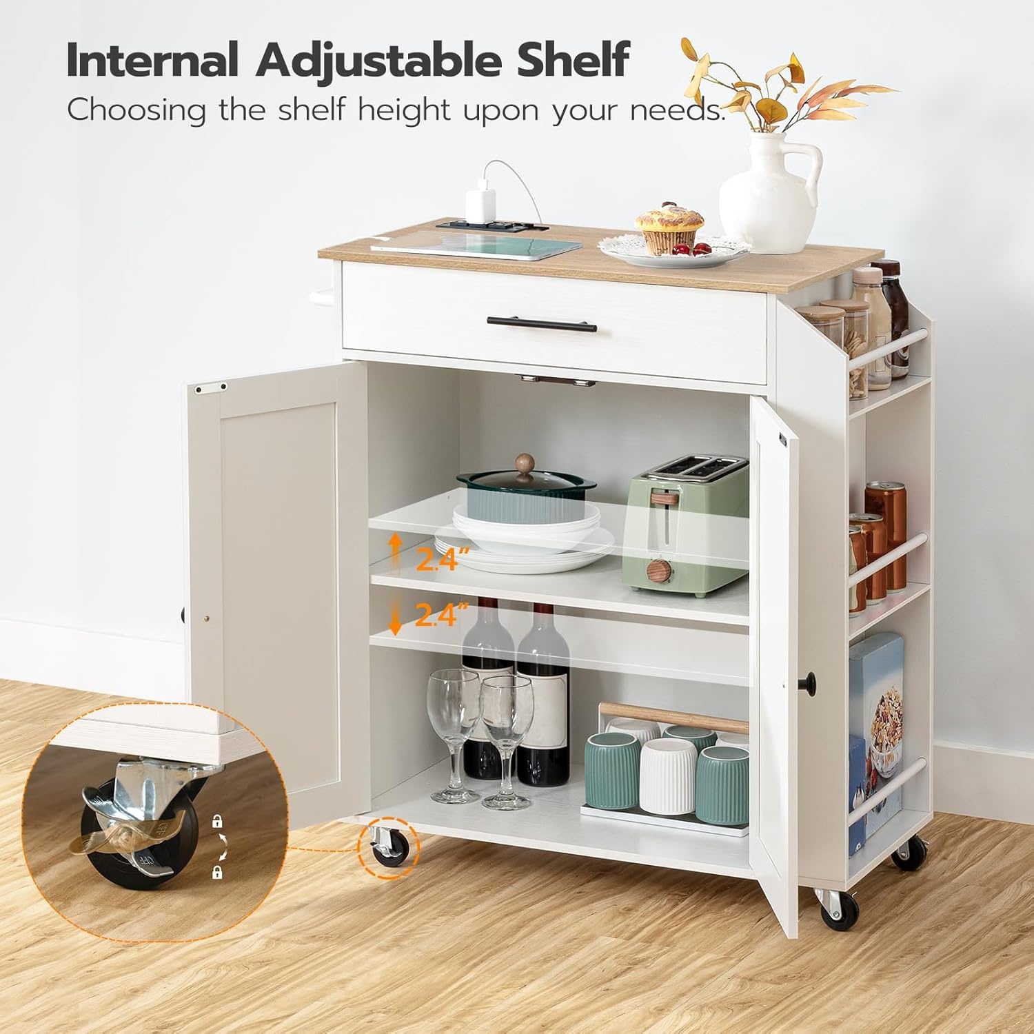 image:imageHOOBRO Kitchen Island with Power Outlet Storage Island with Spice Rack and Drawer Rolling Kitchen Cart on Wheels for Home Dining Room Natural and Green JN82UZD01G1Natural White