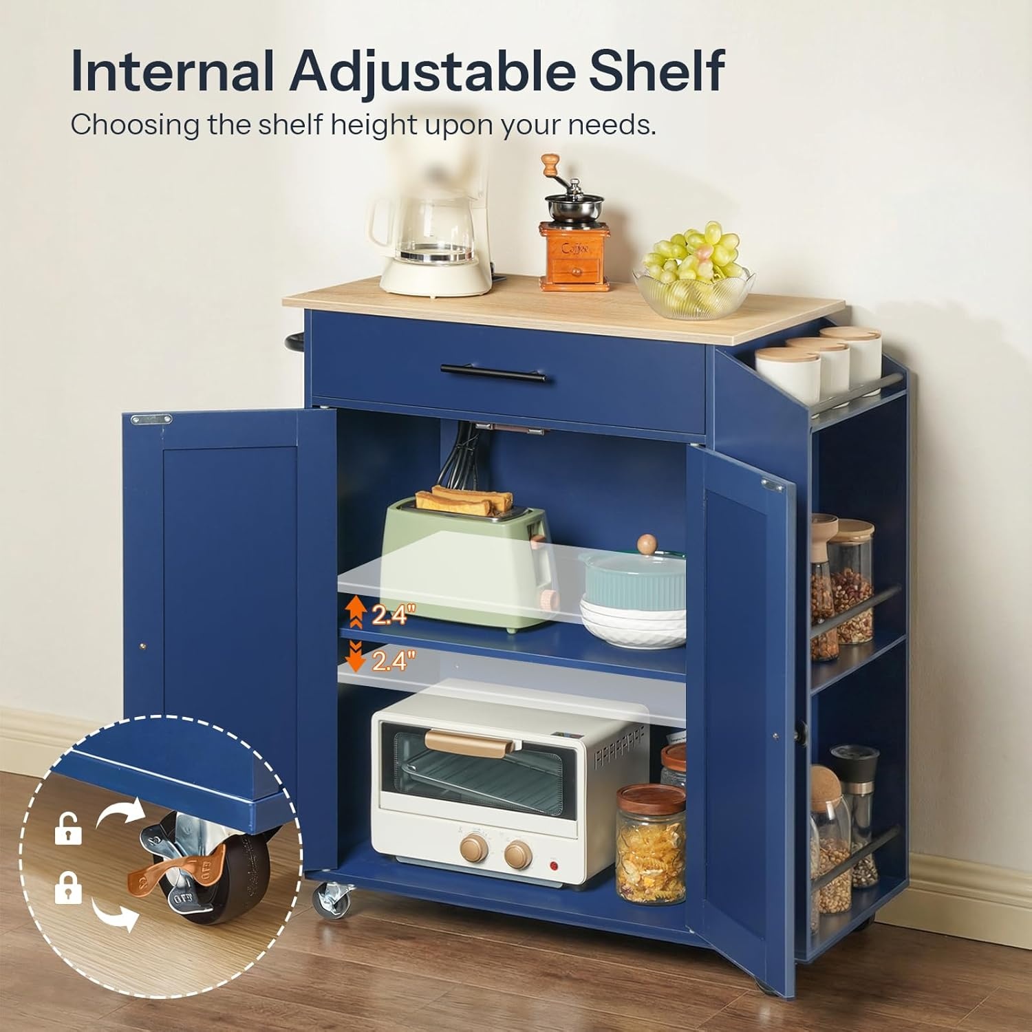 image:imageHOOBRO Kitchen Island with Power Outlet Storage Island with Spice Rack and Drawer Rolling Kitchen Cart on Wheels for Home Dining Room Natural and Green JN82UZD01G1Natural Blue