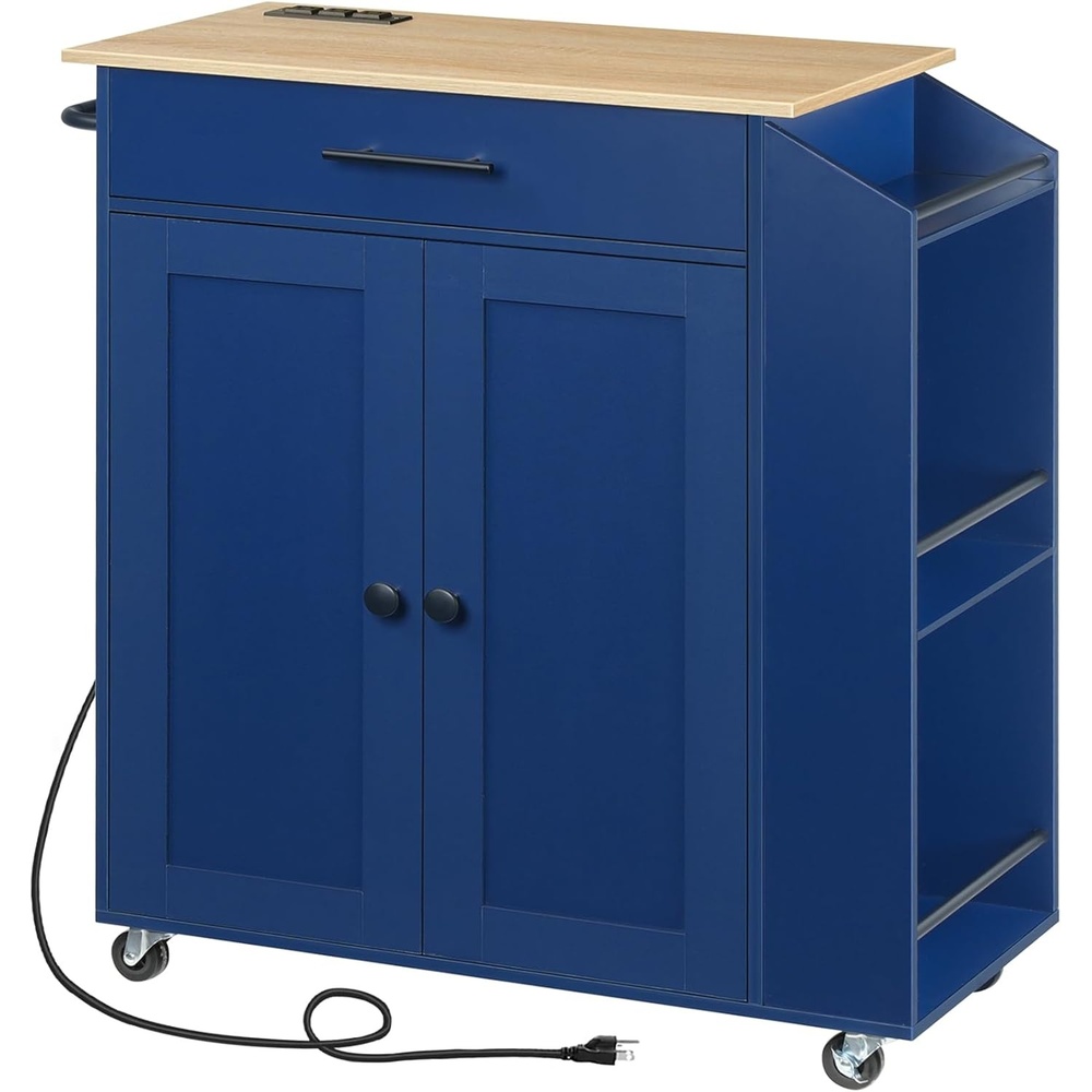 image:imageHOOBRO Kitchen Island with Power Outlet Storage Island with Spice Rack and Drawer Rolling Kitchen Cart on Wheels for Home Dining Room Natural and Green JN82UZD01G1Natural  Blue