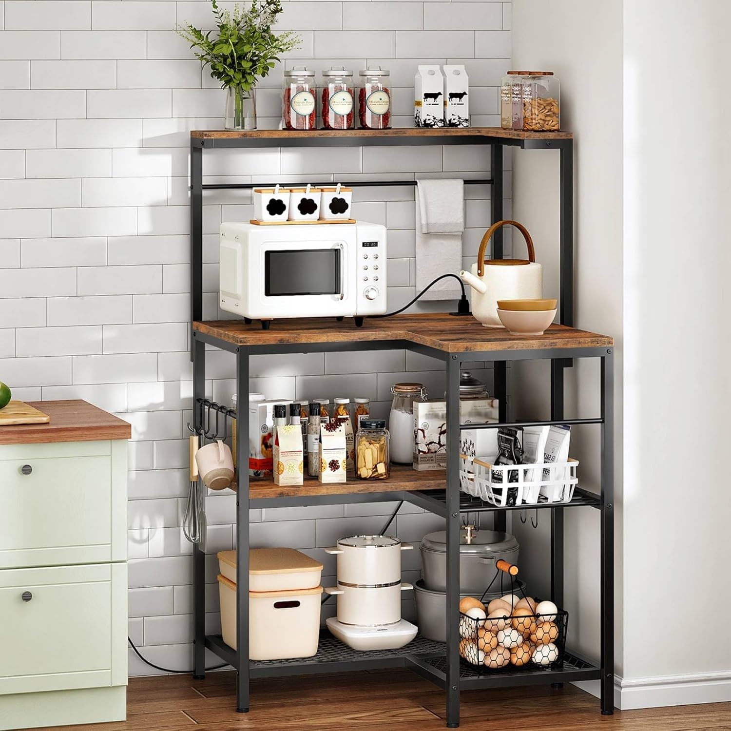 image:imageHOOBRO LShaped Bakers Rack with Power Outlet 4Tier Corner Microwave Stand with Storage Coffee Bar Station with 8 Hooks Kitchen Shelf Rack 2 Installation Methods Black BB20UHB01Rustic Brown Black