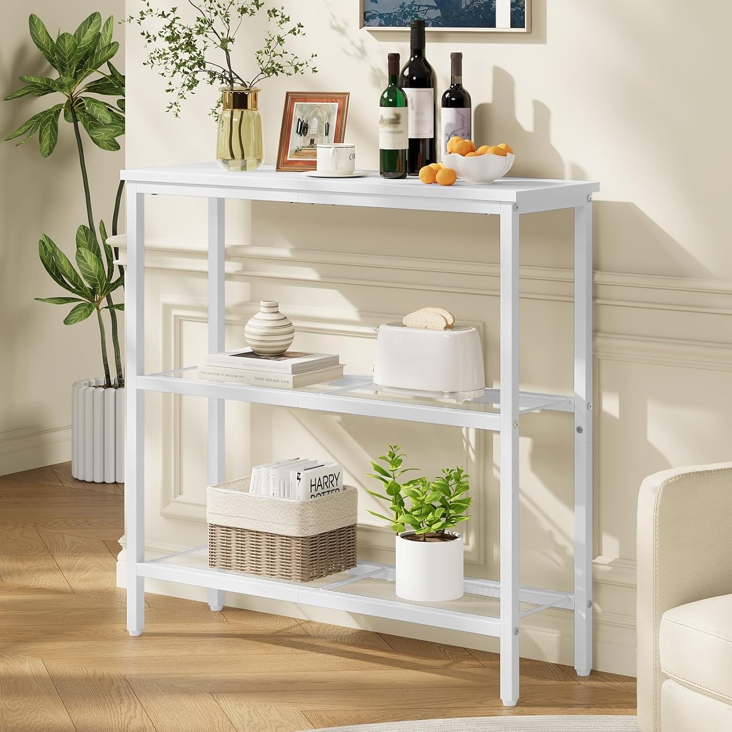 image:imageHOOBRO 295 Narrow Console Table 3 Tier Entryway Table with Shelves Thin Sofa Table Behind Couch Table Display Side Table for Hallway Entrance Living Room White WW73XG01White