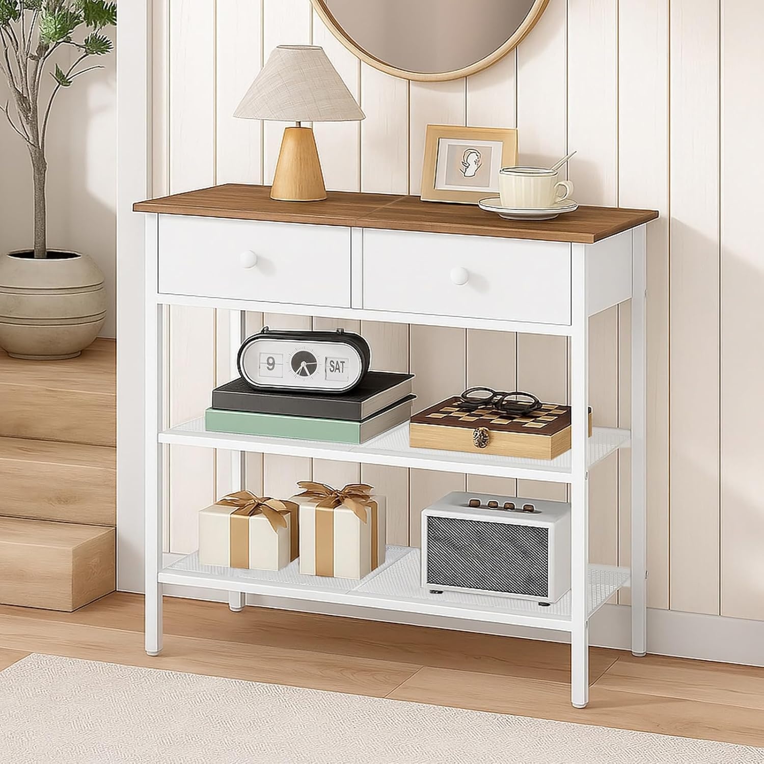 image:imageHOOBRO 295 Narrow Console Table with 2 Fabric Drawers Sofa Table Small Entryway Table with 3Tier Storage Shelves Behind Couch Table for Living Room Hallway White WW72XG01G1Walnut White