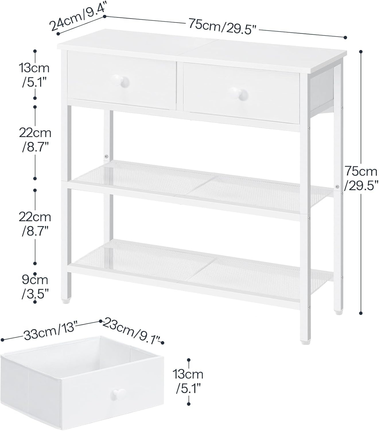 image:imageHOOBRO 295 Narrow Console Table with 2 Fabric Drawers Sofa Table Small Entryway Table with 3Tier Storage Shelves Behind Couch Table for Living Room Hallway White WW72XG01G1White