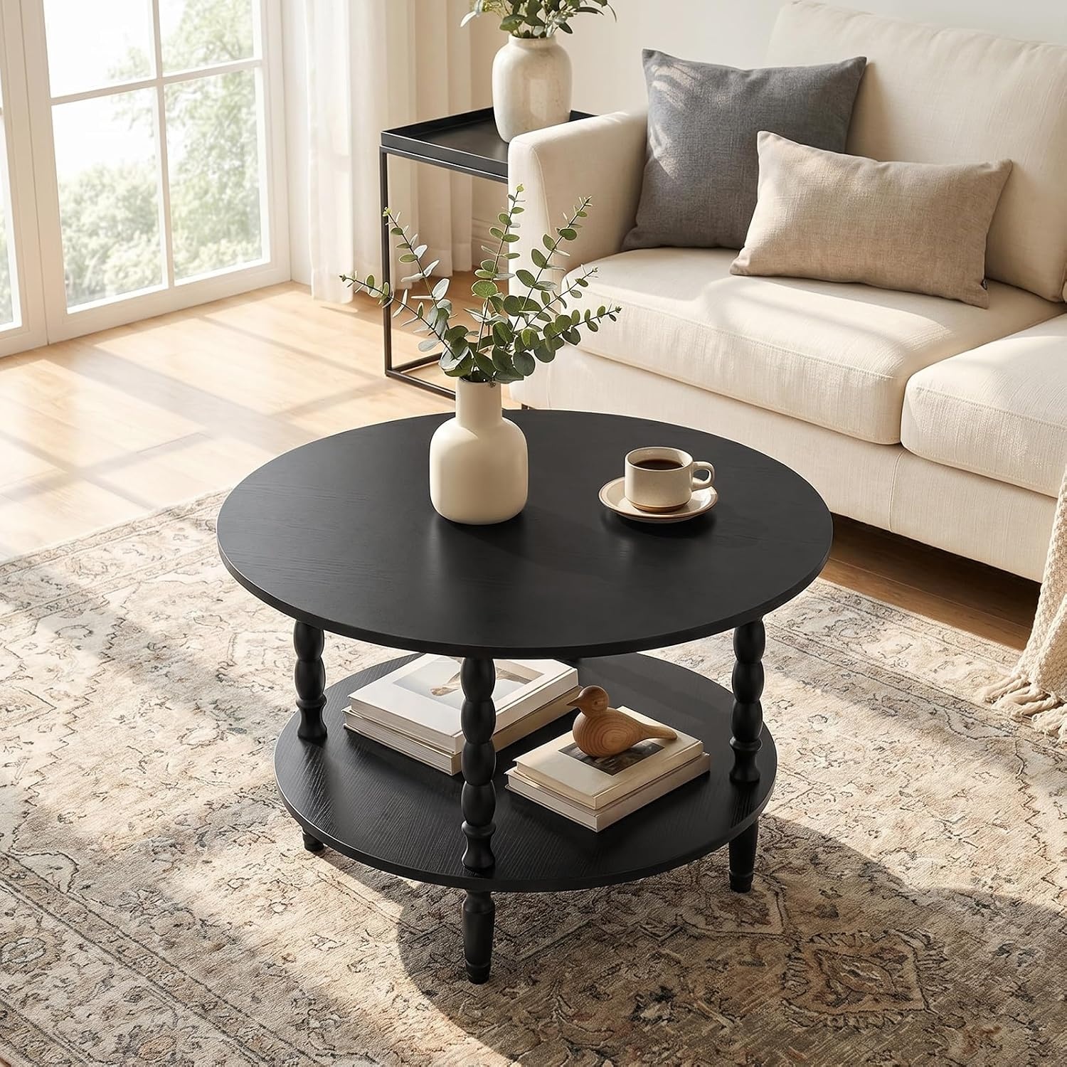 image:imageHOOBRO Coffee Table 2Tier Round Coffee Table MidCentury Modern Coffee Table for Living Room Center Table with 2Tier Open Storage Shelf Home Office Walnut WL75KF01Black