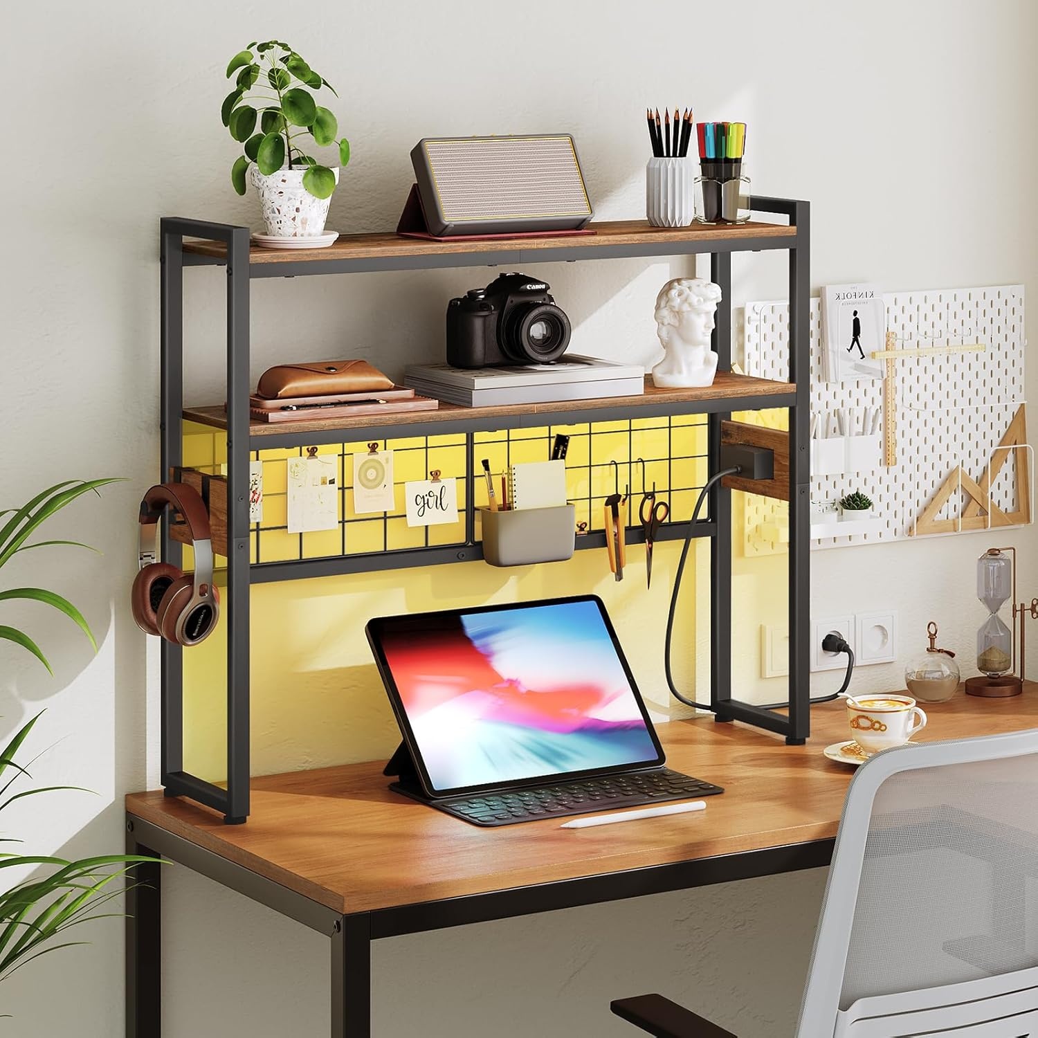image:imageHOOBRO Desktop Bookcase 2Tier Desktop Organizer 299 Wooden Office Storage Rack with Outlets Display Shelf Rack with Light Strip Desk Hutch for Office Rustic Brown BF11UDSJ01Rustic Brown Black