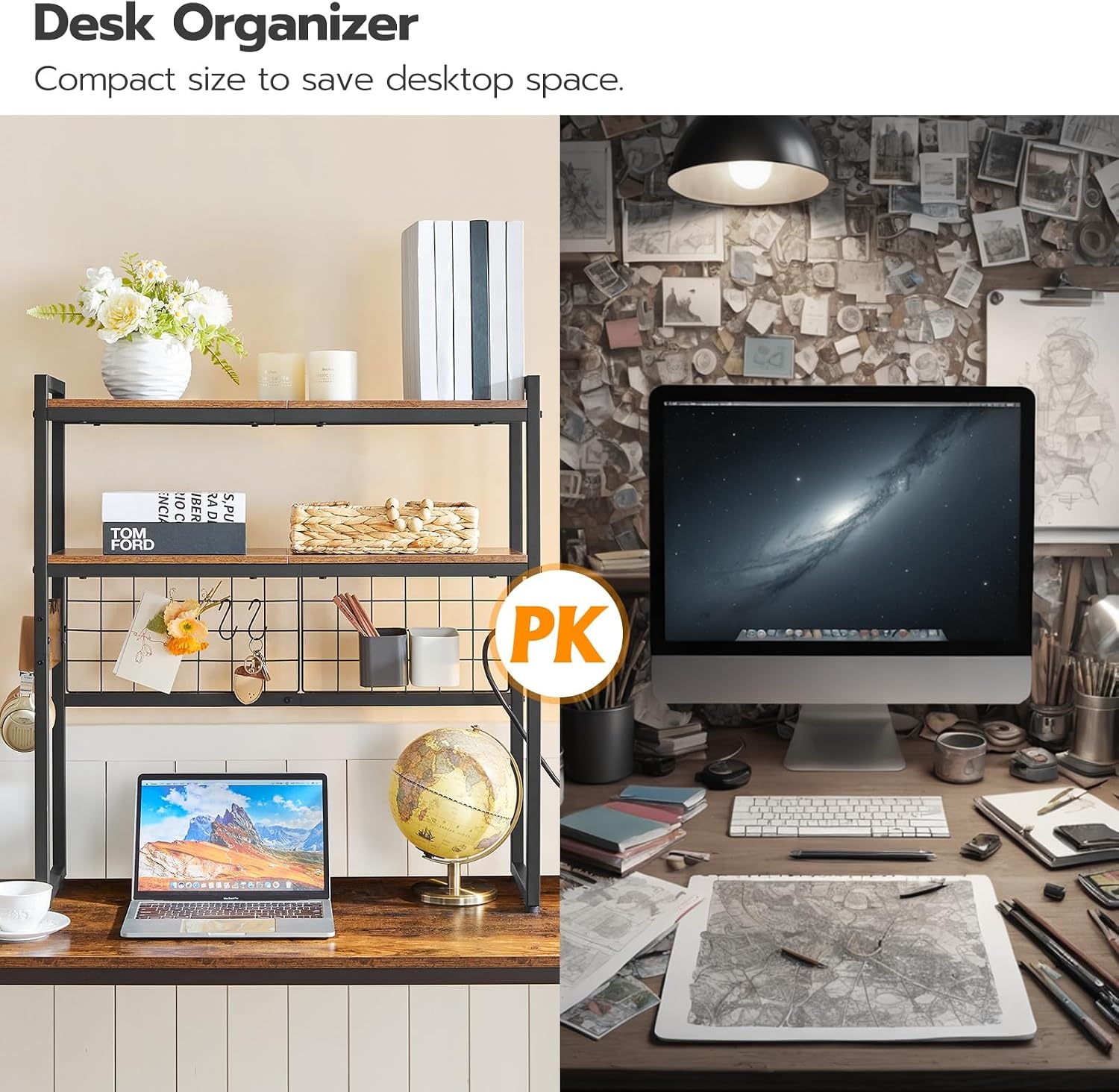 image:imageHOOBRO Desktop Bookcase 2Tier Desktop Organizer 299 Wooden Office Storage Rack with Outlets Display Shelf Rack with Light Strip Desk Hutch for Office Rustic Brown BF11UDSJ01Rustic Brown Black