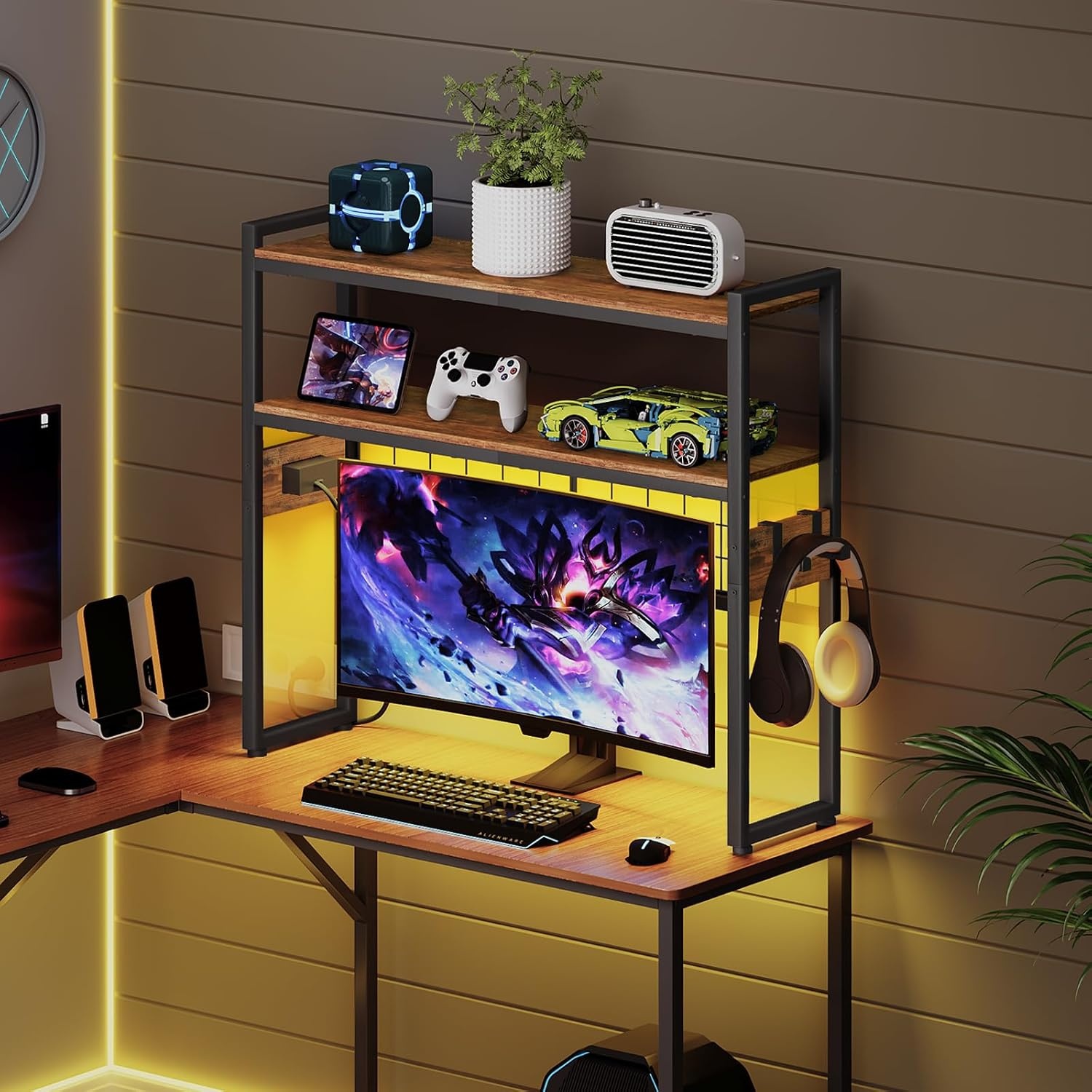 image:imageHOOBRO Desktop Bookcase 2Tier Desktop Organizer 299 Wooden Office Storage Rack with Outlets Display Shelf Rack with Light Strip Desk Hutch for Office Rustic Brown BF11UDSJ01Rustic Brown Black