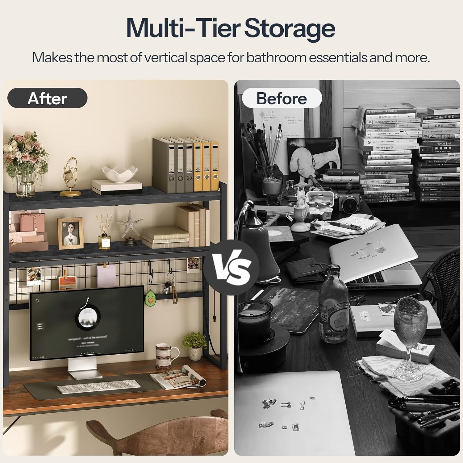 image:imageHOOBRO Desktop Bookcase 2Tier Desktop Organizer 299 Wooden Office Storage Rack with Outlets Display Shelf Rack with Light Strip Desk Hutch for Office Rustic Brown BF11UDSJ01Black