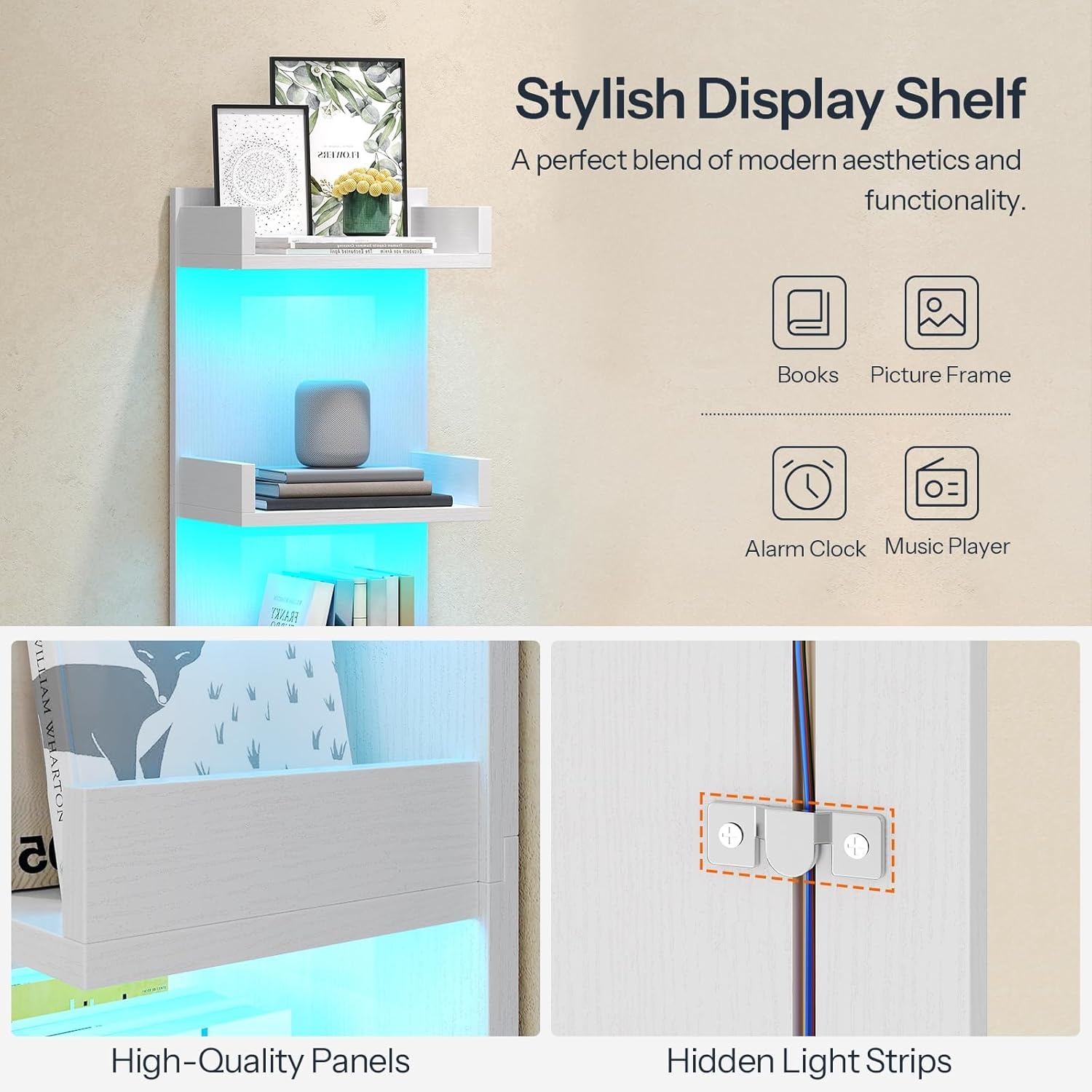 image:imageHOOBRO Floating Wall Shelf with LED Lights Floating Shelf Wall Mounted for Storage Vertical Display Stand Modern Column Rack for Bedroom Livingroom 5Tier 457 Inches Black BK51DBJ01N1White