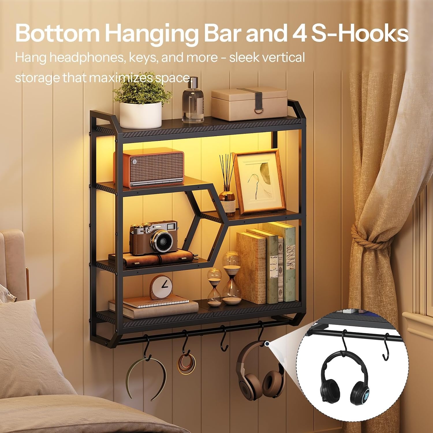 image:imageHOOBRO Gaming Floating Shelf with LED Lights 275 LED Wall Mounted Shelf with Hanging Rod amp 4 SHooks 4Tier Hanging Display Rack for Living Room Gaming Room Black BB71DBJ01Black