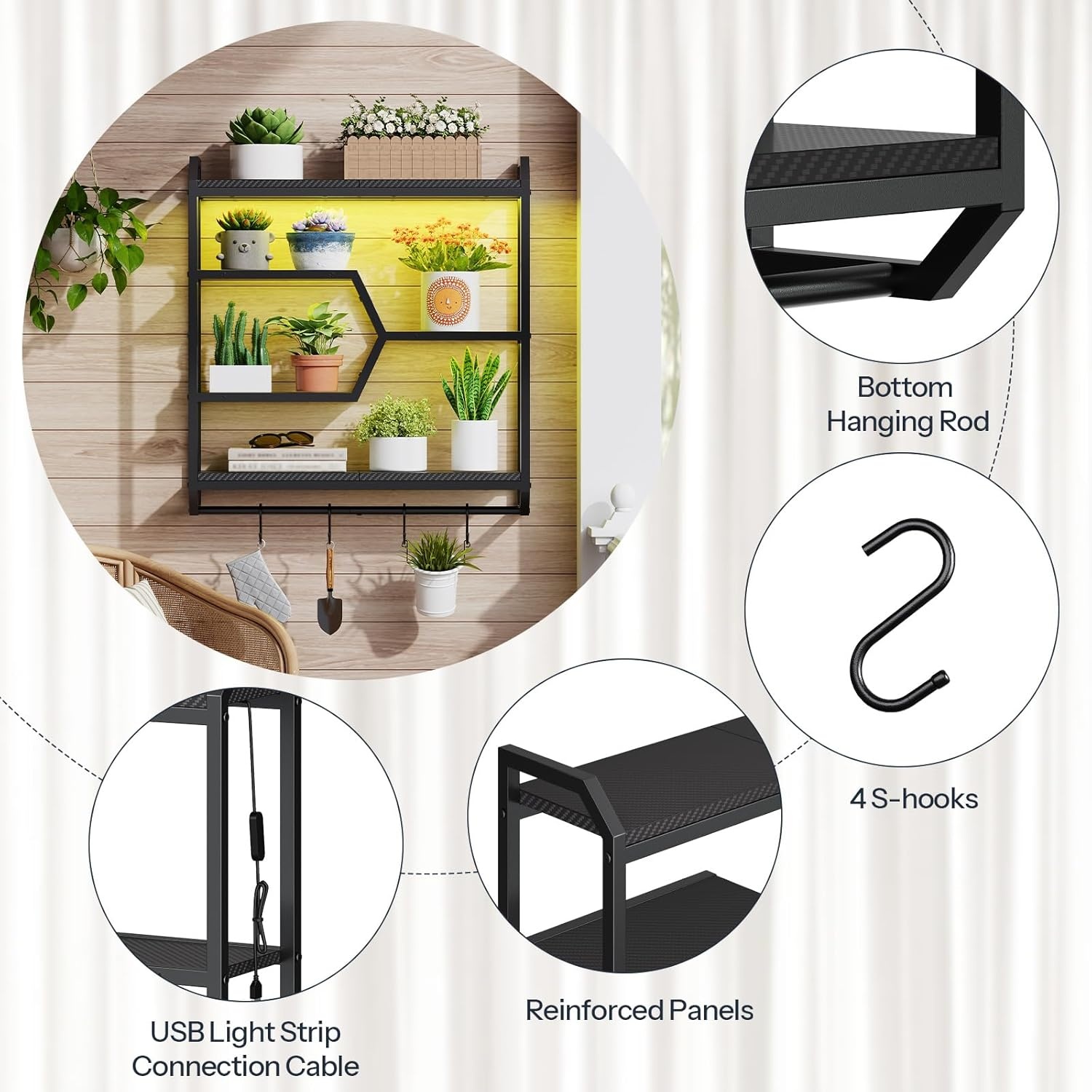 image:imageHOOBRO Gaming Floating Shelf with LED Lights 275 LED Wall Mounted Shelf with Hanging Rod amp 4 SHooks 4Tier Hanging Display Rack for Living Room Gaming Room Black BB71DBJ01Black