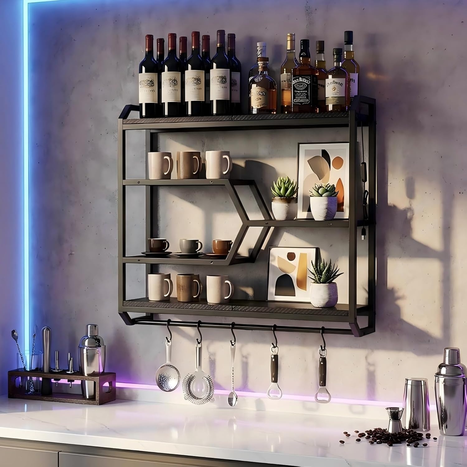 image:imageHOOBRO Gaming Floating Shelf with LED Lights 275 LED Wall Mounted Shelf with Hanging Rod amp 4 SHooks 4Tier Hanging Display Rack for Living Room Gaming Room Black BB71DBJ01Black