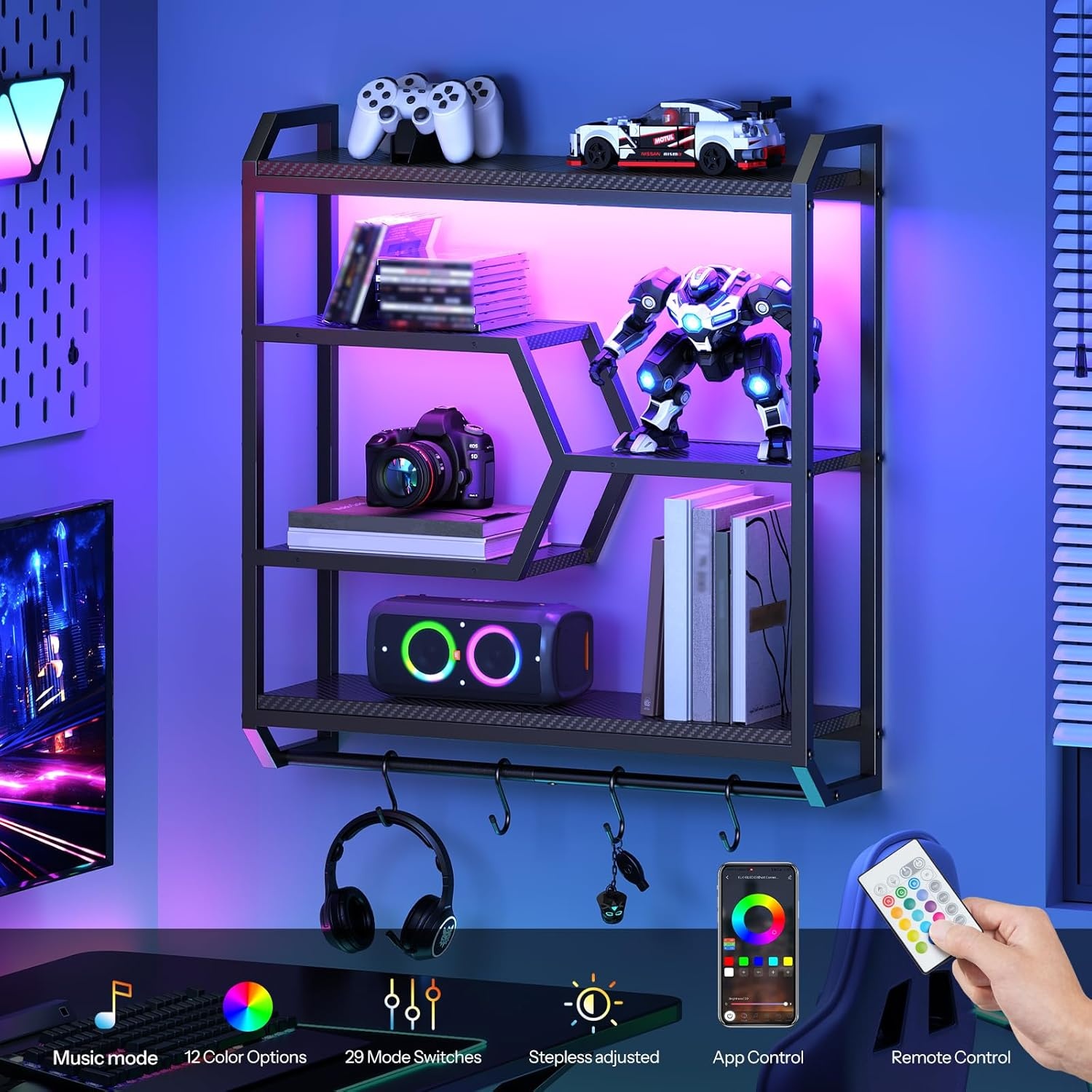 image:imageHOOBRO Gaming Floating Shelf with LED Lights 275 LED Wall Mounted Shelf with Hanging Rod amp 4 SHooks 4Tier Hanging Display Rack for Living Room Gaming Room Black BB71DBJ01Black