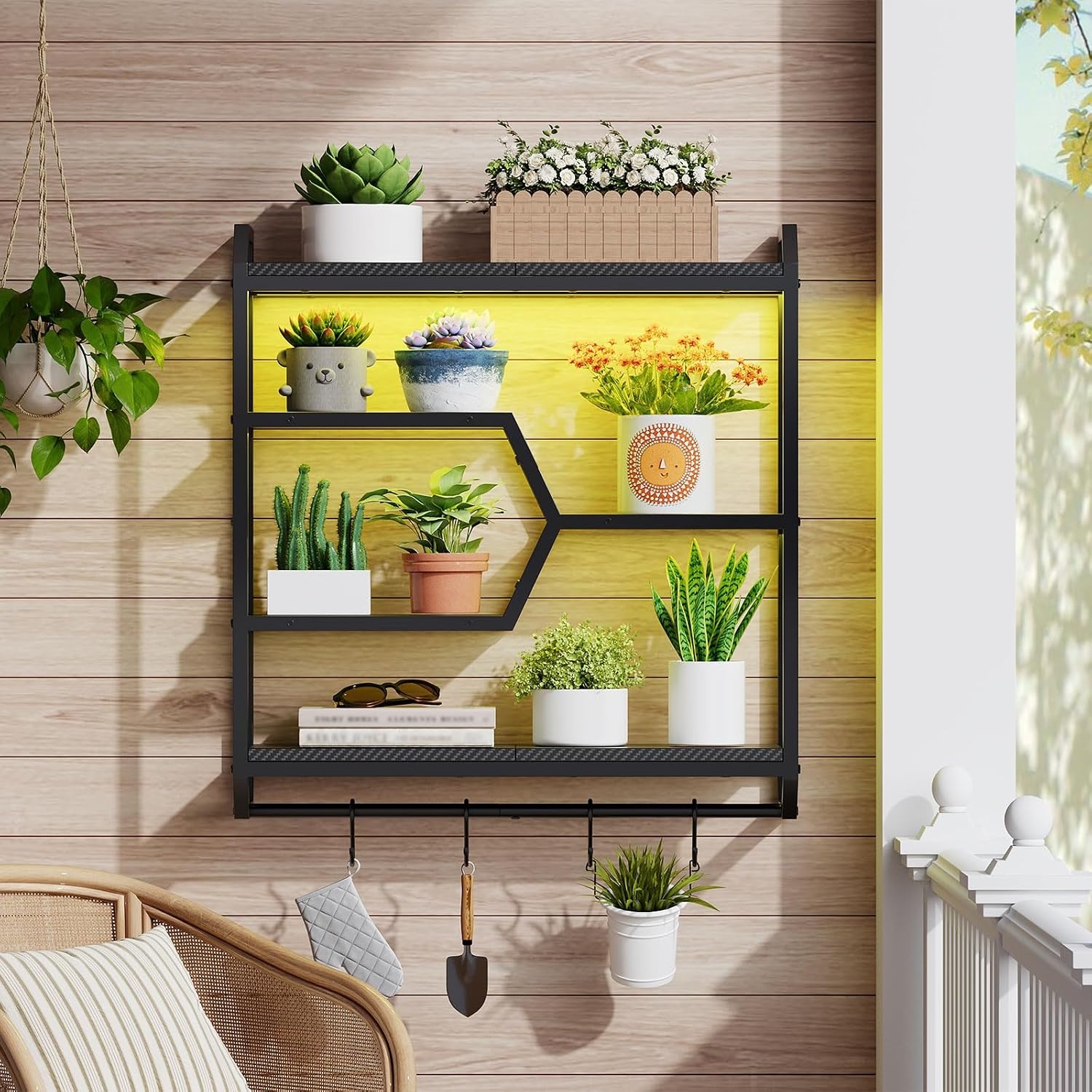 image:imageHOOBRO Gaming Floating Shelf with LED Lights 275 LED Wall Mounted Shelf with Hanging Rod amp 4 SHooks 4Tier Hanging Display Rack for Living Room Gaming Room Black BB71DBJ01Black