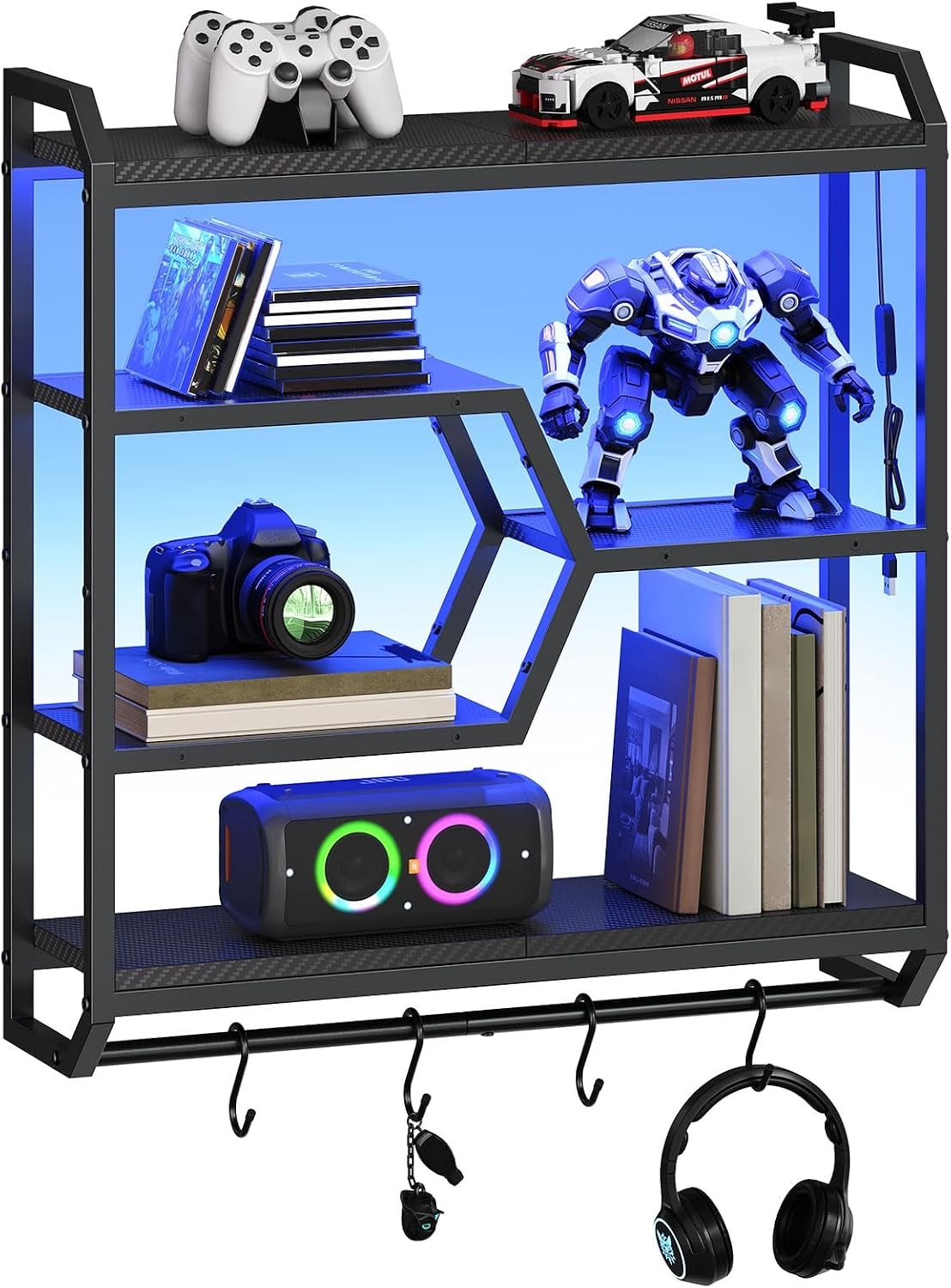 image:imageHOOBRO Gaming Floating Shelf with LED Lights 275 LED Wall Mounted Shelf with Hanging Rod amp 4 SHooks 4Tier Hanging Display Rack for Living Room Gaming Room Black BB71DBJ01Black