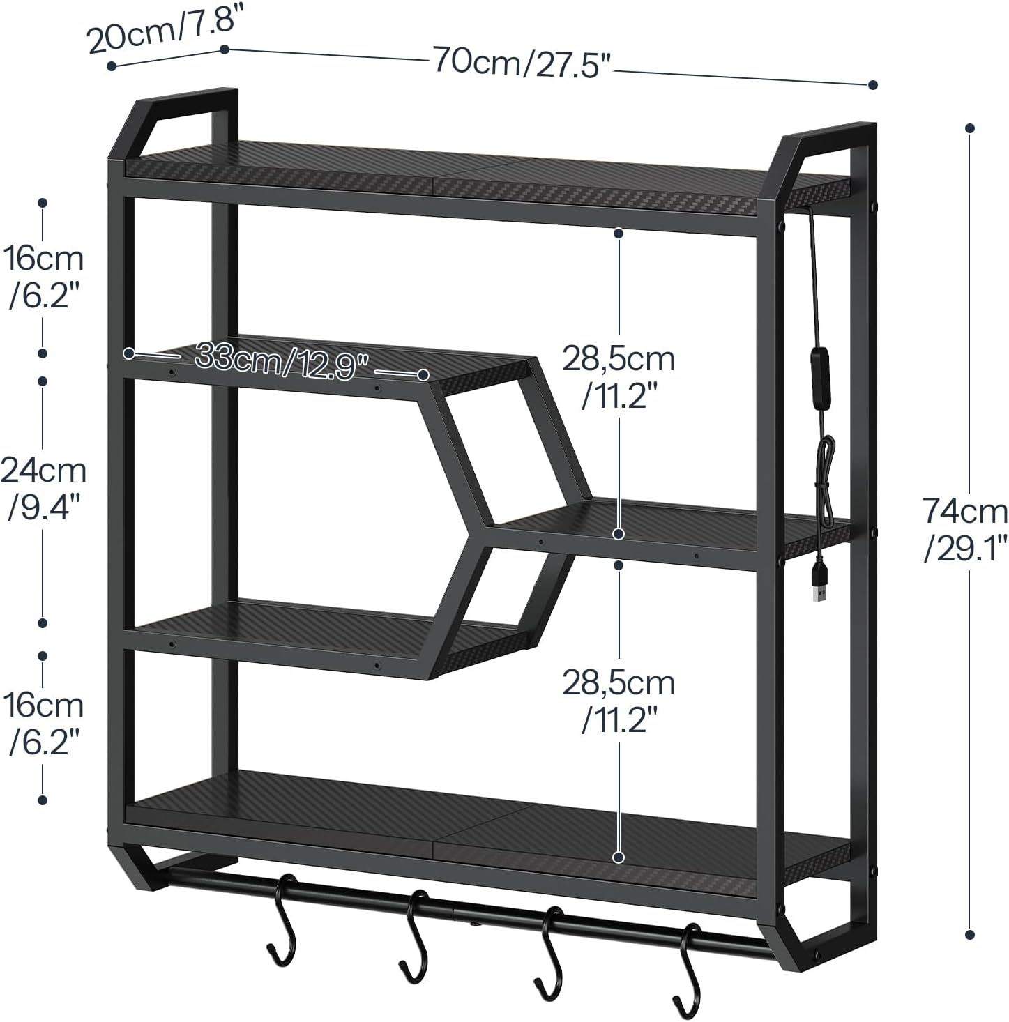 image:imageHOOBRO Gaming Floating Shelf with LED Lights 275 LED Wall Mounted Shelf with Hanging Rod amp 4 SHooks 4Tier Hanging Display Rack for Living Room Gaming Room Black BB71DBJ01Black