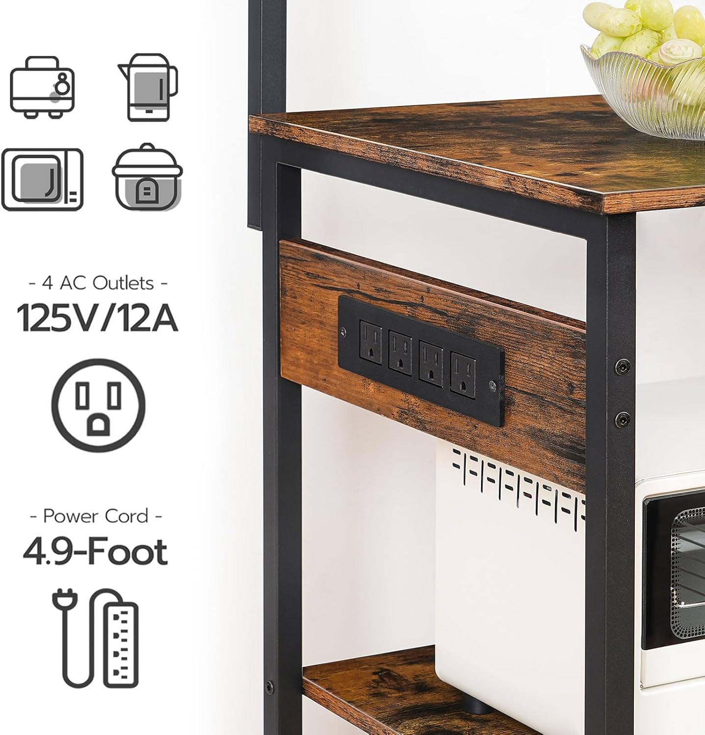 image:imageHOOBRO Large Bakers Rack with Power Outlets 6Tier Microwave Stand with 4 Hooks Coffee Bar Kitchen Shelf with Wire Basket for Kitchen Living Room Office Black BB64UHB01Rustic Brown Black