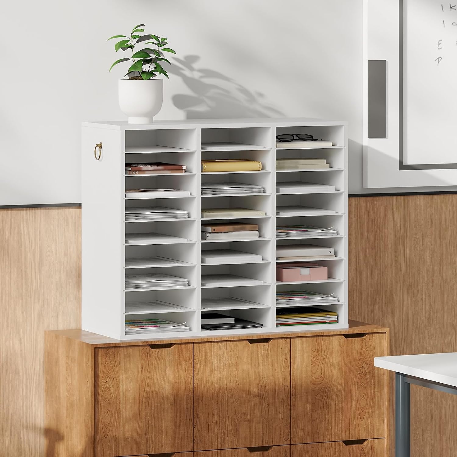 image:imageHOOBRO Literature Organizer 24 Compartments Wooden Mail Organizer Countertop Literature Sorter with Adjustable Shelves for Home Office School Student Mailbox for Classroom Greige BG38WF01White