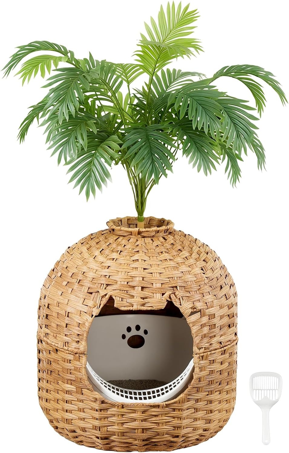 image:imageHOOBRO Rattan Plant Litter Box Large Cat Litter Box Enclosure with Litter Box amp Scoop Odor Control Filter Handwoven Litter Box Furniture with Decorative Plant Real Stones Natural NL09MW01Natrual