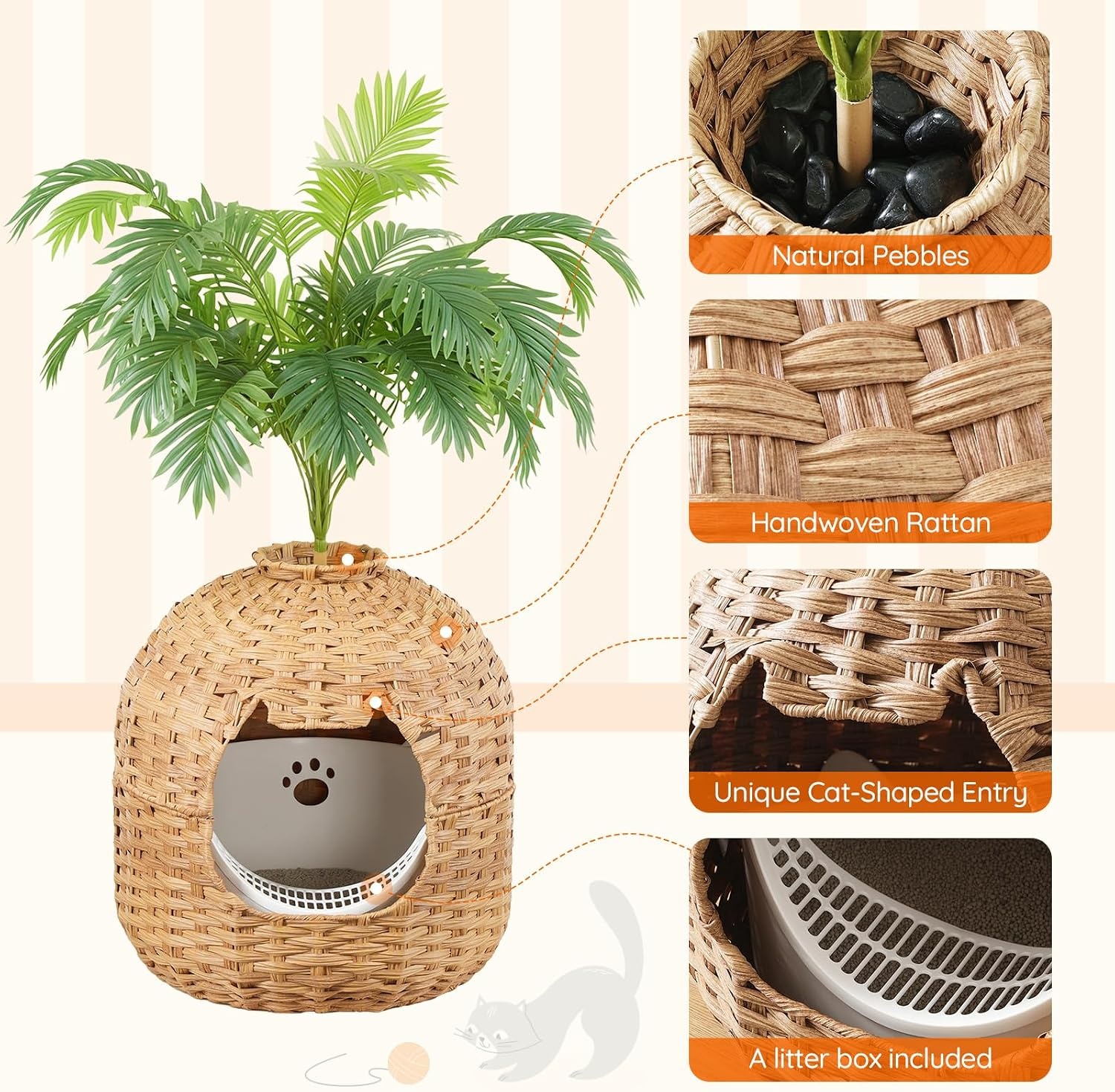 image:imageHOOBRO Rattan Plant Litter Box Large Cat Litter Box Enclosure with Litter Box amp Scoop Odor Control Filter Handwoven Litter Box Furniture with Decorative Plant Real Stones Natural NL09MW01Natrual