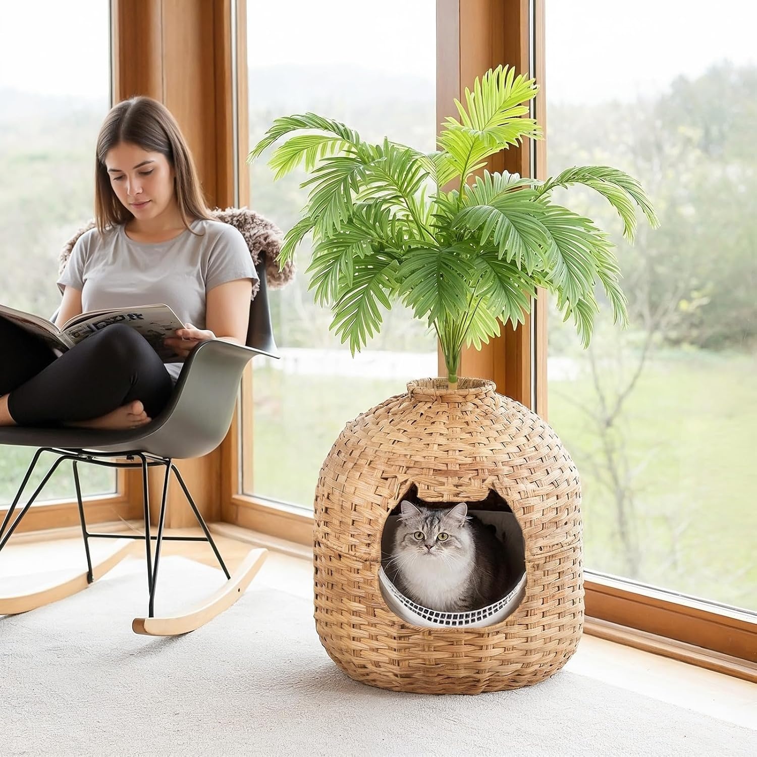 image:imageHOOBRO Rattan Plant Litter Box Large Cat Litter Box Enclosure with Litter Box amp Scoop Odor Control Filter Handwoven Litter Box Furniture with Decorative Plant Real Stones Natural NL09MW01Natrual