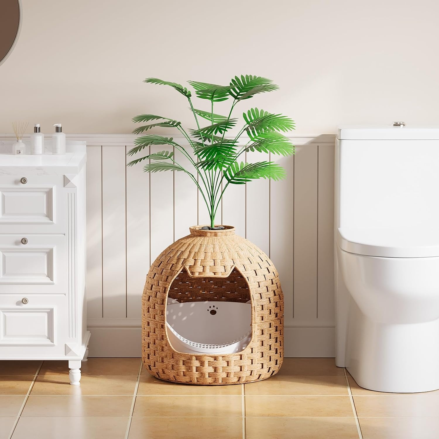 image:imageHOOBRO Rattan Plant Litter Box Large Cat Litter Box Enclosure with Litter Box amp Scoop Odor Control Filter Handwoven Litter Box Furniture with Decorative Plant Real Stones Natural NL09MW01Natrual