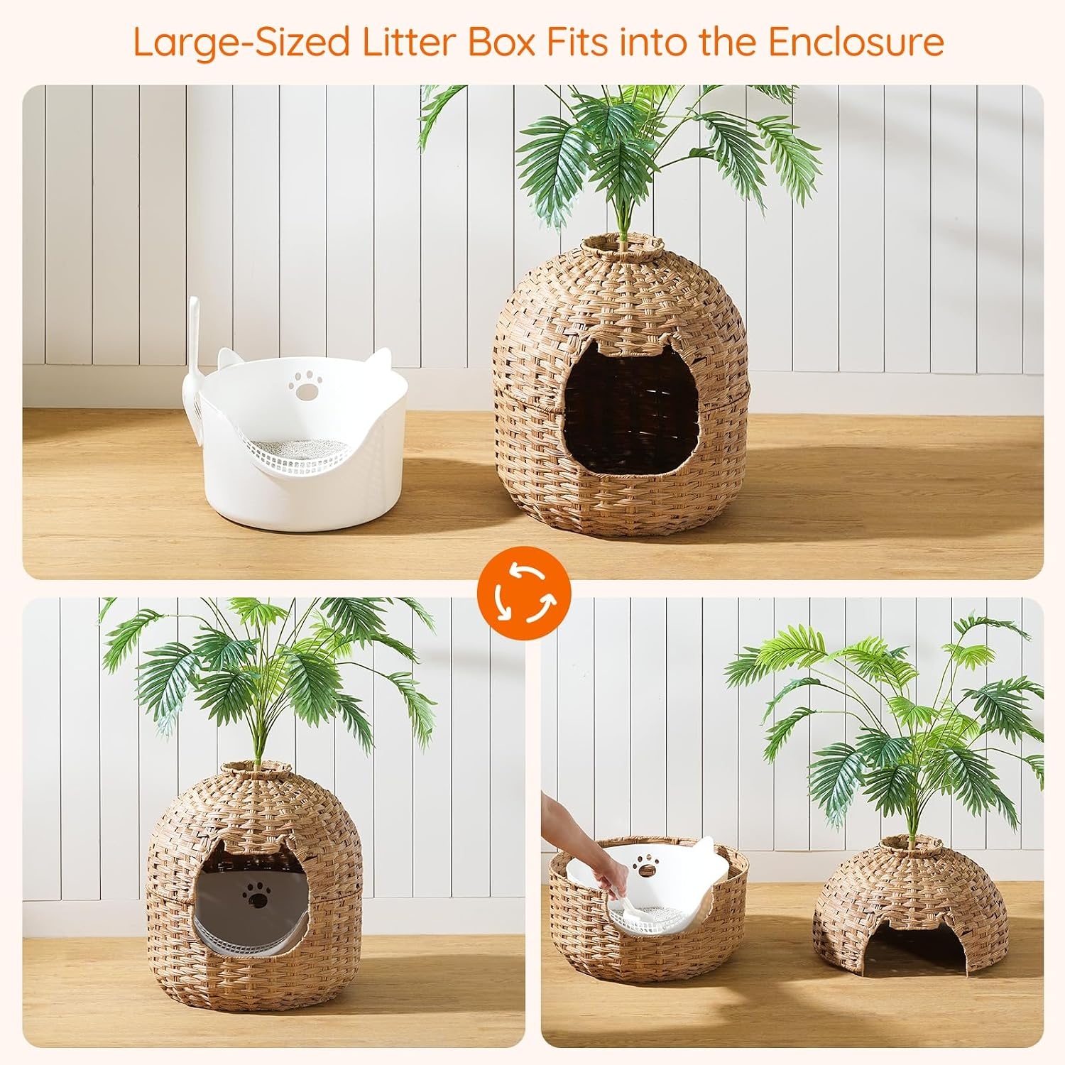 image:imageHOOBRO Rattan Plant Litter Box Large Cat Litter Box Enclosure with Litter Box amp Scoop Odor Control Filter Handwoven Litter Box Furniture with Decorative Plant Real Stones Natural NL09MW01Natrual