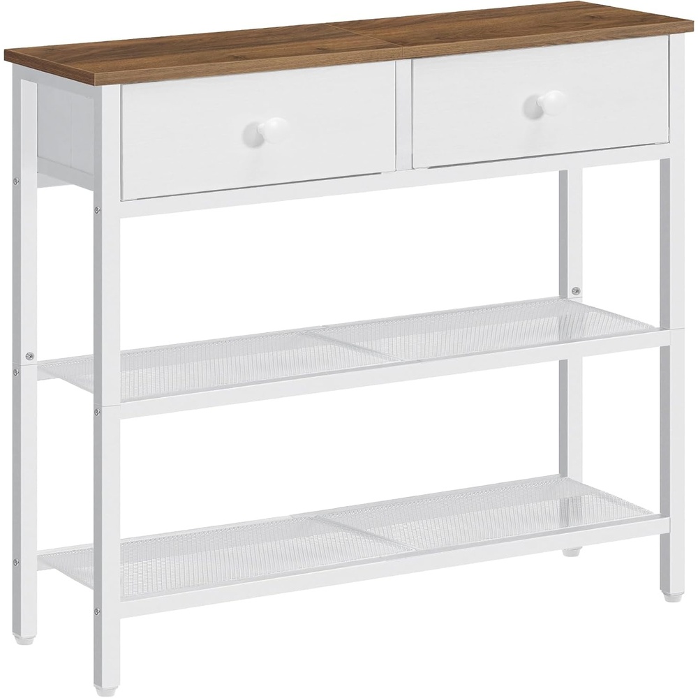 image:imageHOOBRO 295 Narrow Console Table with 2 Fabric Drawers Sofa Table Small Entryway Table with 3Tier Storage Shelves Behind Couch Table for Living Room Hallway White WW72XG01G1Walnut White