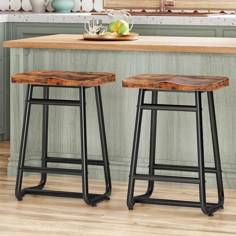 image:imageHOOBRO Bar Stools Set of 2 Counter Height Bar Stools Saddle Barstools with Curved Surface 258 Inch Barstools for Kitchen Counter Bar Chairs for Kitchen Dining Rustic Brown and Black BF65MDP201