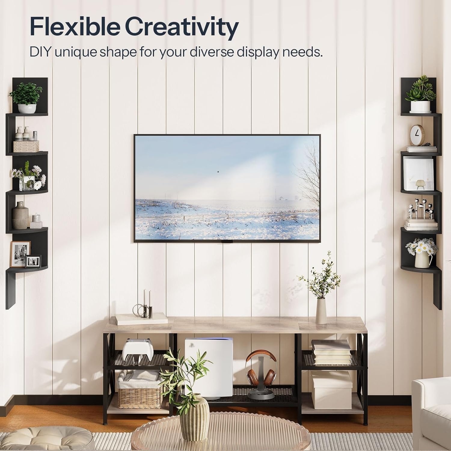 image:imageHOOBRO Corner Shelf WallMounted Set of 2 Floating Corner Shelves for Wall 5Tier Corner Bookshelves for Living Room Bedroom Bathroom Home Office Greige BG26BJP201Black