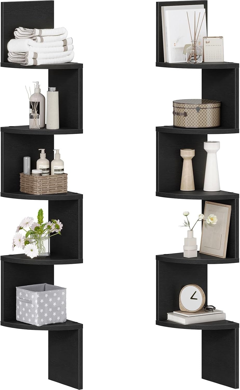 image:imageHOOBRO Corner Shelf WallMounted Set of 2 Floating Corner Shelves for Wall 5Tier Corner Bookshelves for Living Room Bedroom Bathroom Home Office Greige BG26BJP201Black