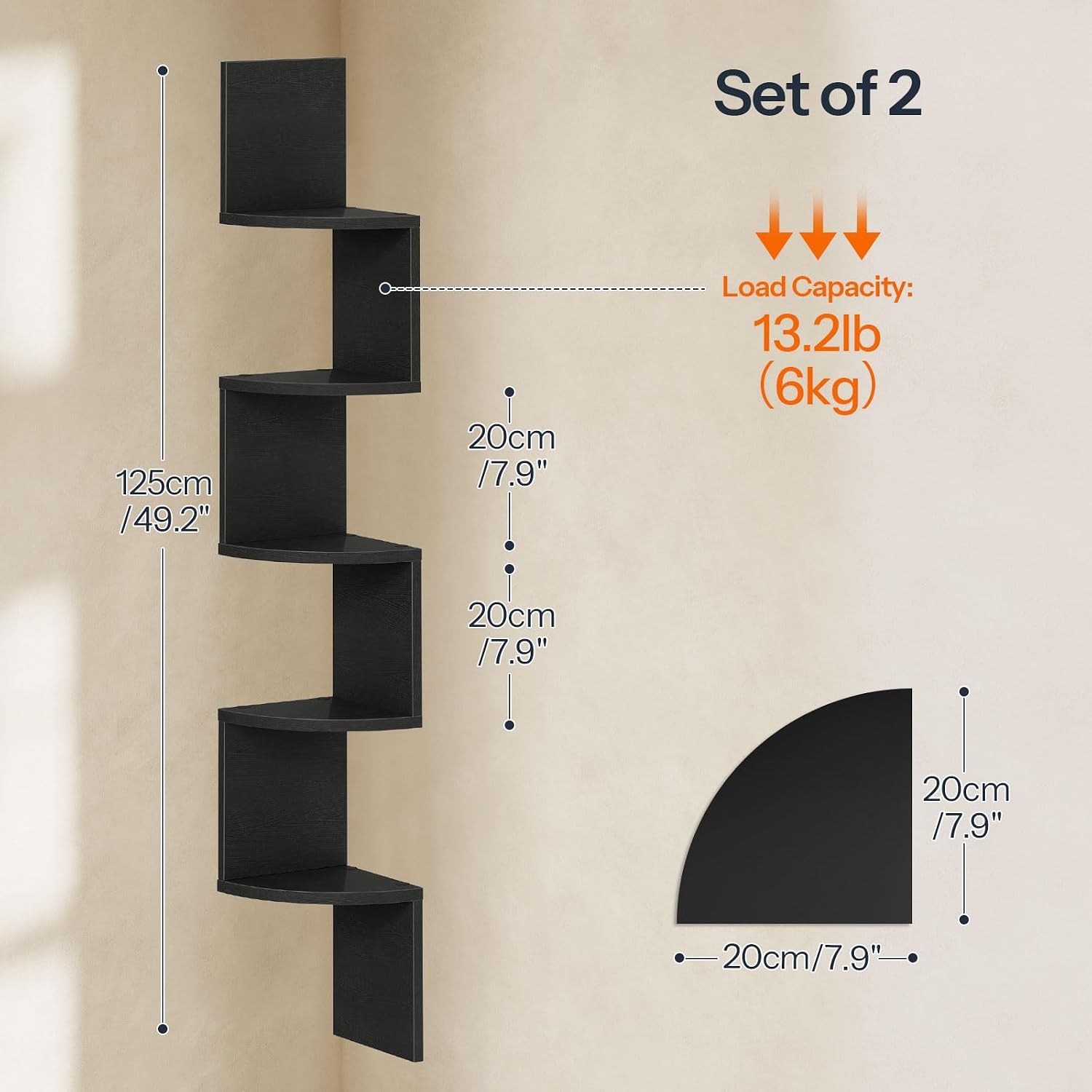 image:imageHOOBRO Corner Shelf WallMounted Set of 2 Floating Corner Shelves for Wall 5Tier Corner Bookshelves for Living Room Bedroom Bathroom Home Office Greige BG26BJP201Black