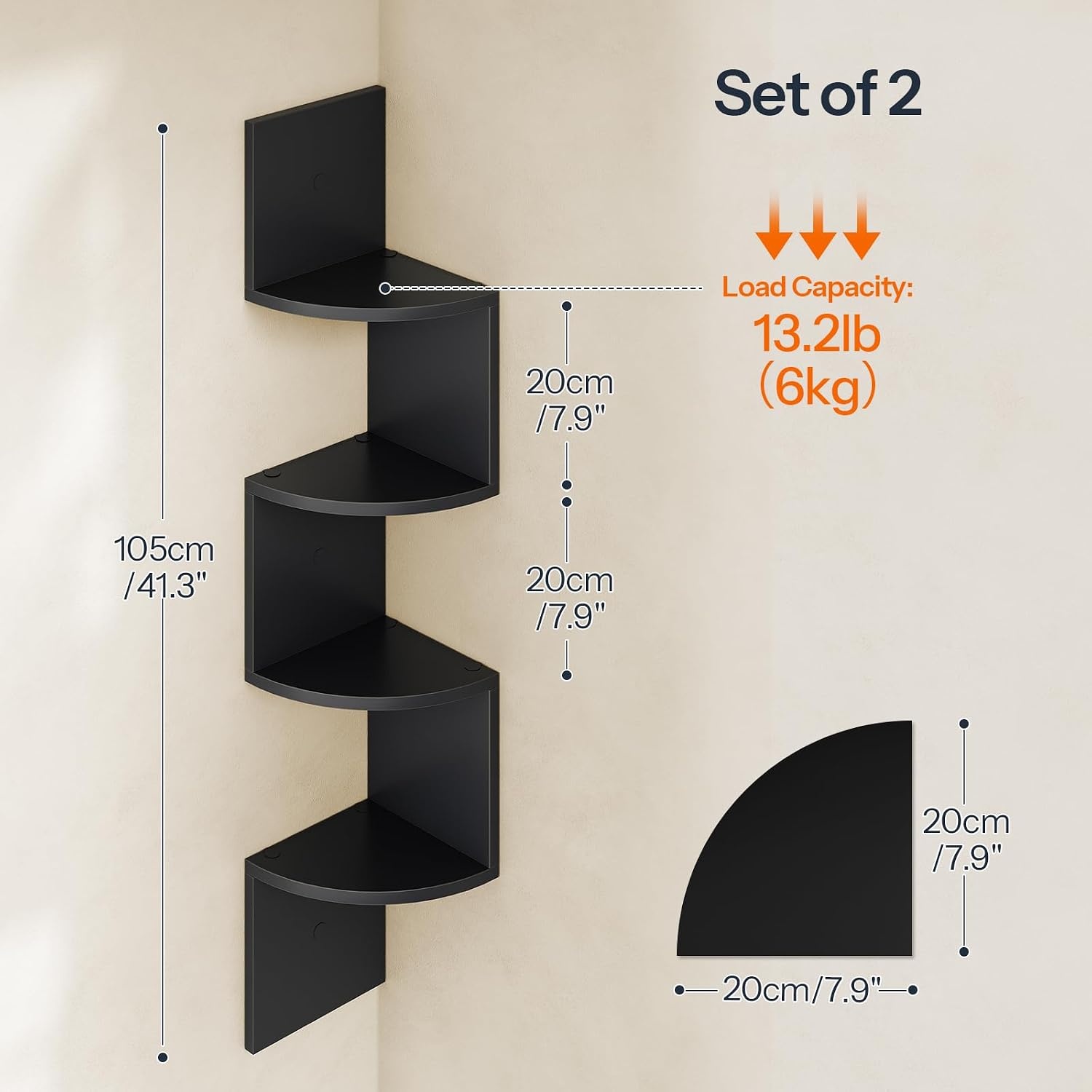 image:imageHOOBRO Corner Shelf WallMounted Set of 2 Floating Corner Shelves for Wall 5Tier Corner Bookshelves for Living Room Bedroom Bathroom Home Office Greige BG26BJP201Black