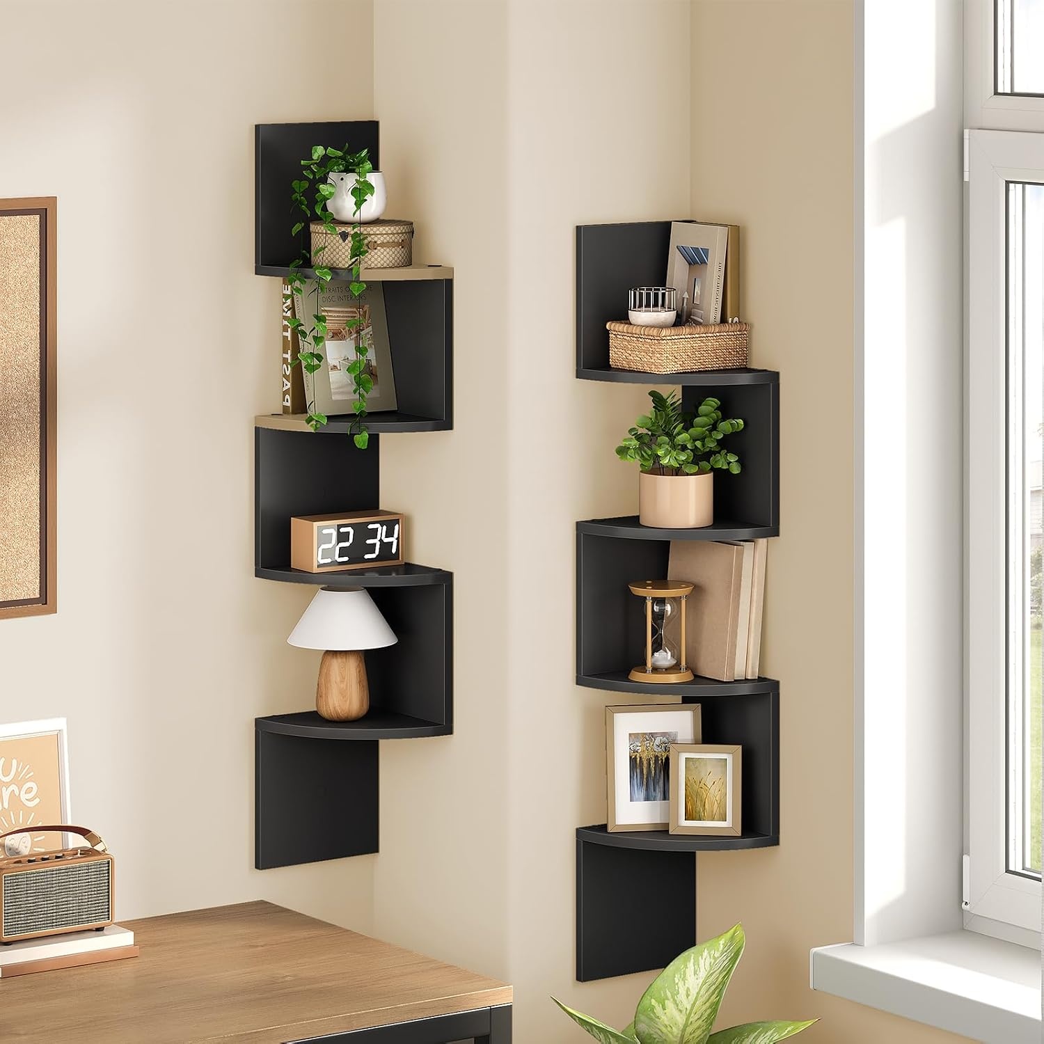 image:imageHOOBRO Corner Shelf WallMounted Set of 2 Floating Corner Shelves for Wall 5Tier Corner Bookshelves for Living Room Bedroom Bathroom Home Office Greige BG26BJP201Black
