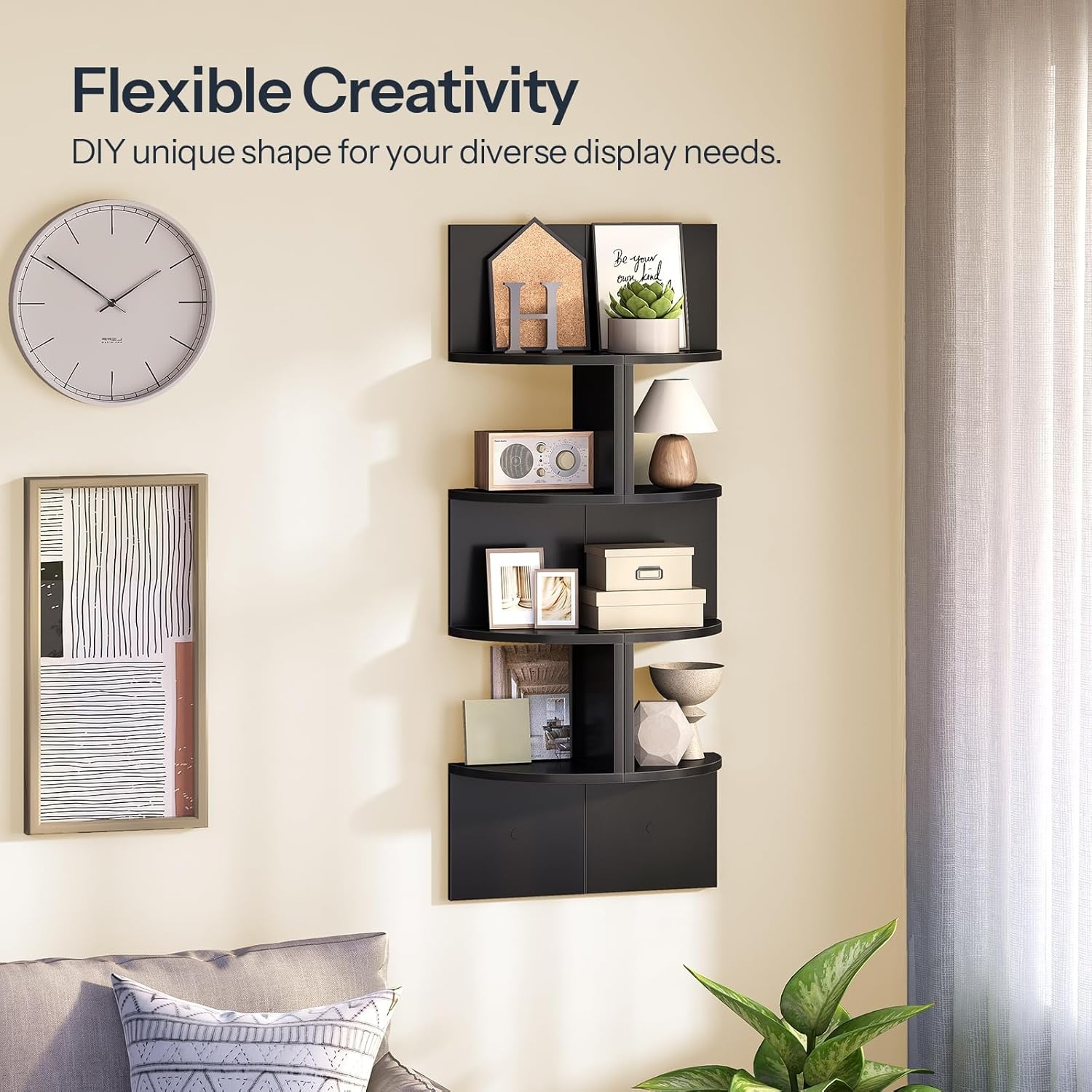 image:imageHOOBRO Corner Shelf WallMounted Set of 2 Floating Corner Shelves for Wall 5Tier Corner Bookshelves for Living Room Bedroom Bathroom Home Office Greige BG26BJP201Black