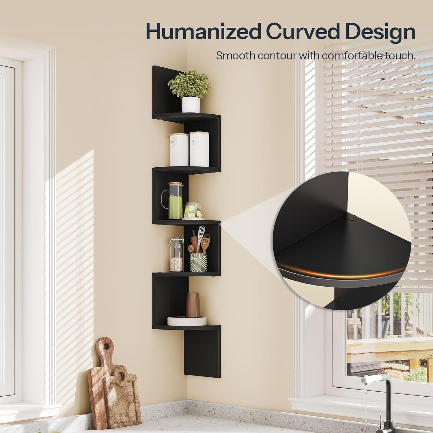image:imageHOOBRO Corner Shelf WallMounted Set of 2 Floating Corner Shelves for Wall 5Tier Corner Bookshelves for Living Room Bedroom Bathroom Home Office Greige BG26BJP201Black