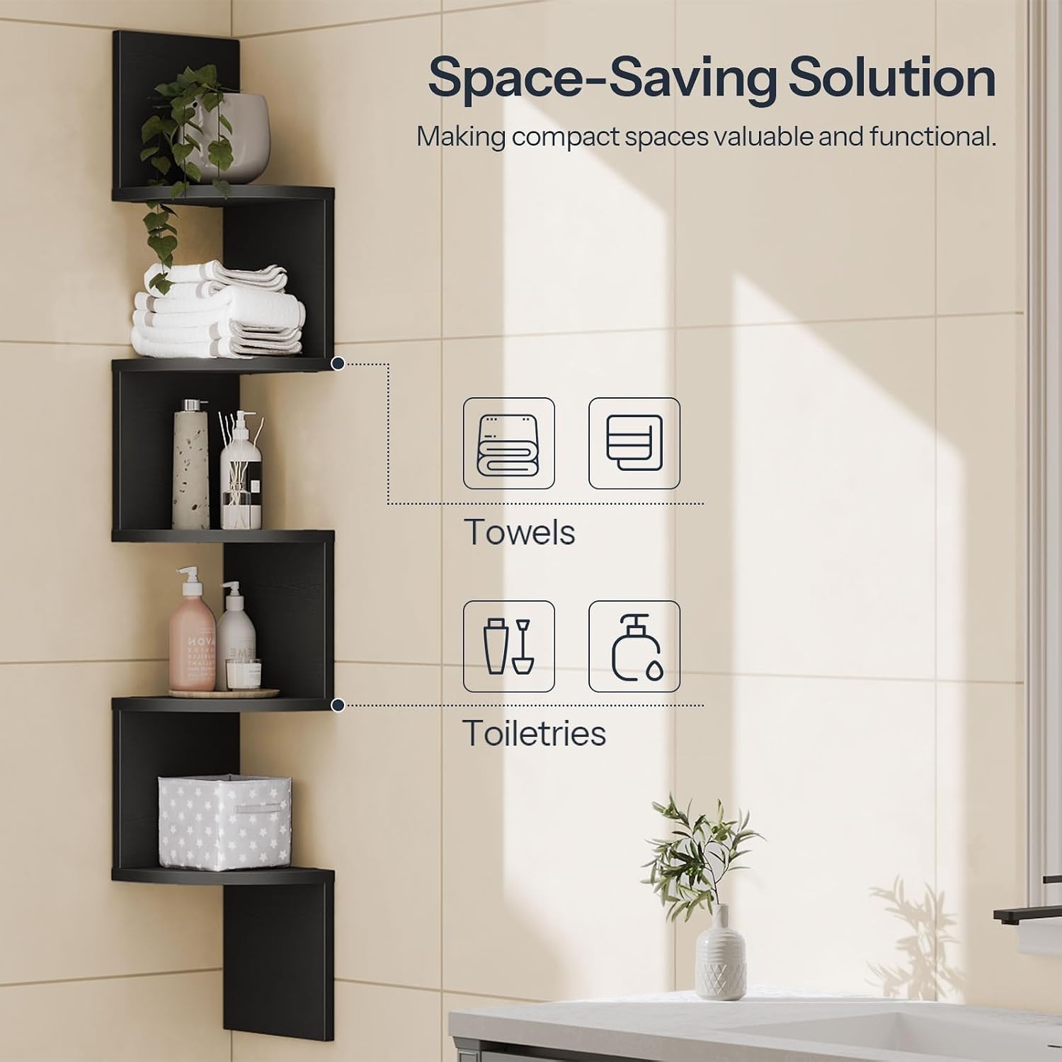 image:imageHOOBRO Corner Shelf WallMounted Set of 2 Floating Corner Shelves for Wall 5Tier Corner Bookshelves for Living Room Bedroom Bathroom Home Office Greige BG26BJP201Black