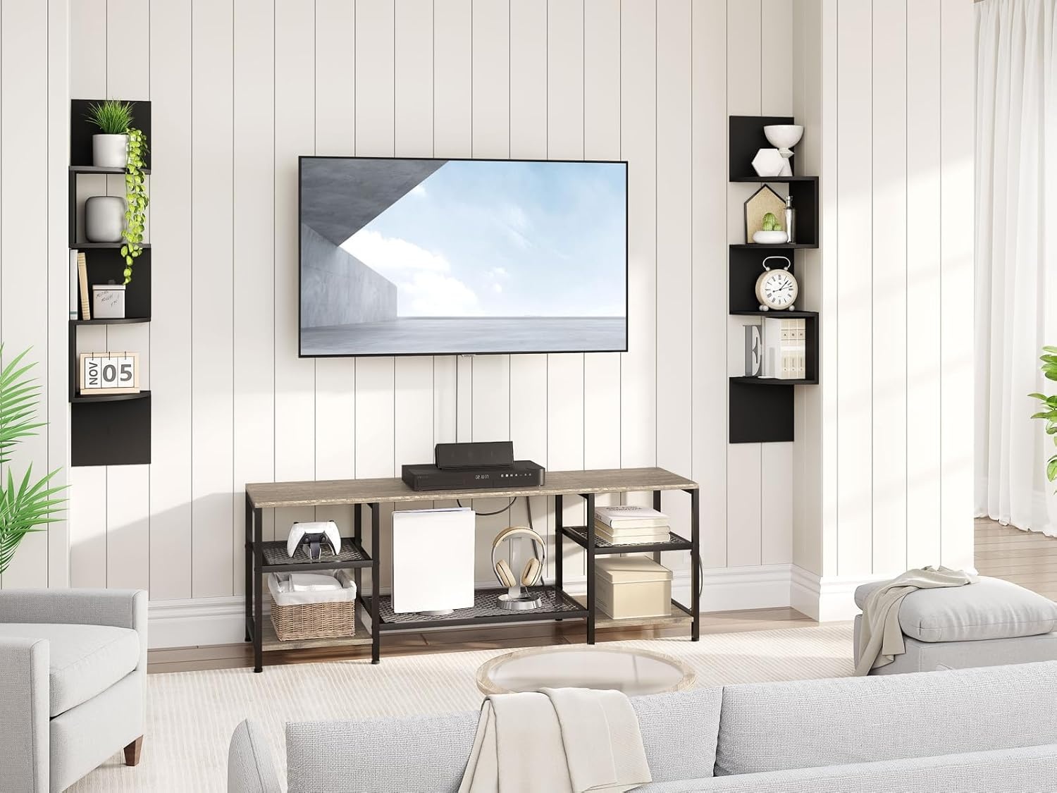 image:imageHOOBRO Corner Shelf WallMounted Set of 2 Floating Corner Shelves for Wall 5Tier Corner Bookshelves for Living Room Bedroom Bathroom Home Office Greige BG26BJP201Black