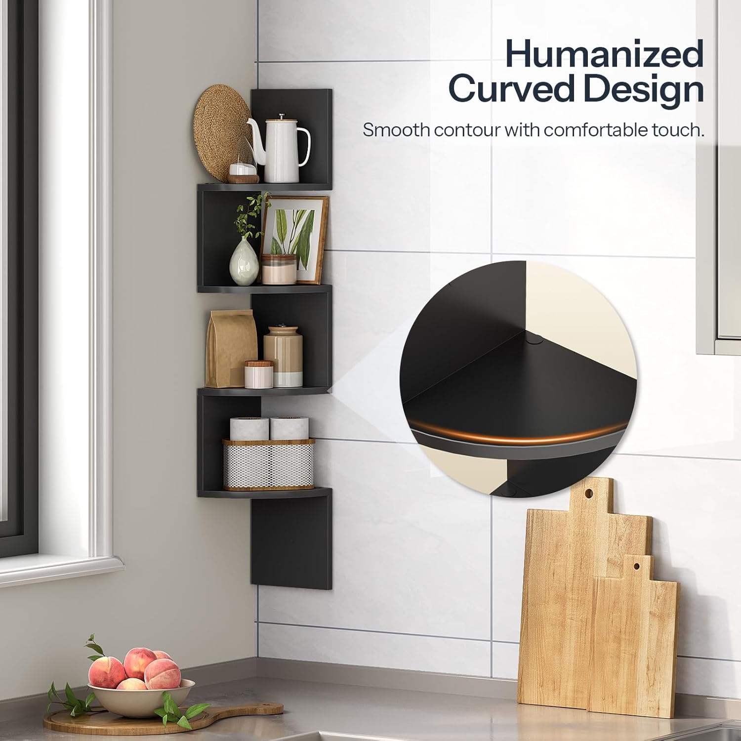 image:imageHOOBRO Corner Shelf WallMounted Set of 2 Floating Corner Shelves for Wall 5Tier Corner Bookshelves for Living Room Bedroom Bathroom Home Office Greige BG26BJP201Black