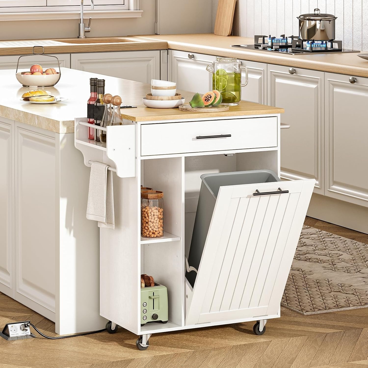 image:imageHOOBRO Kitchen Island with Trash Can Storage Rolling Kitchen Island on Wheels Mobile Island Cart with Power Outlet Islands Table for 10 Gallon Garbage Bin White and Grey GN80UZD01G1Natural White