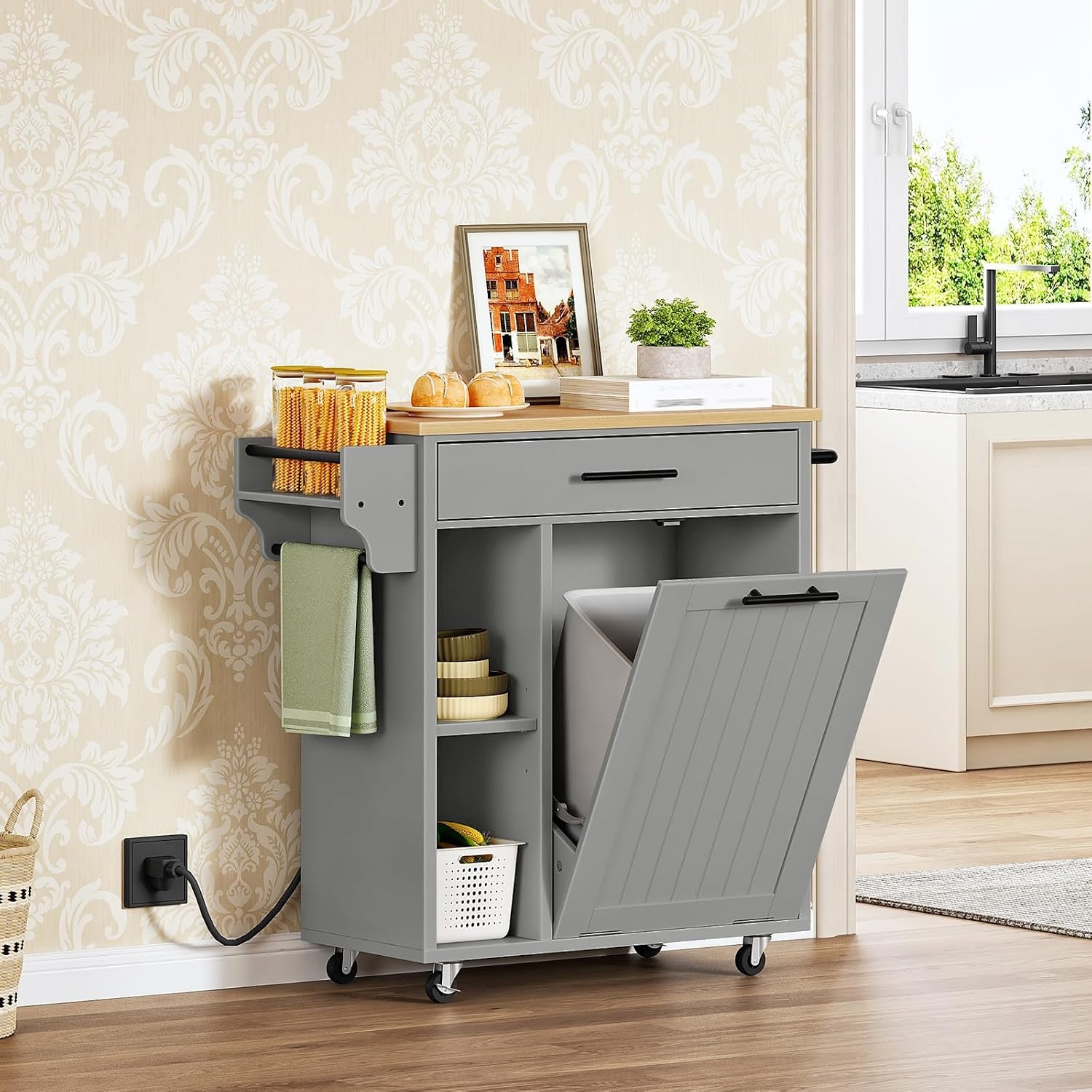 image:imageHOOBRO Kitchen Island with Trash Can Storage Rolling Kitchen Island on Wheels Mobile Island Cart with Power Outlet Islands Table for 10 Gallon Garbage Bin White and Grey GN80UZD01G1Natural Grey
