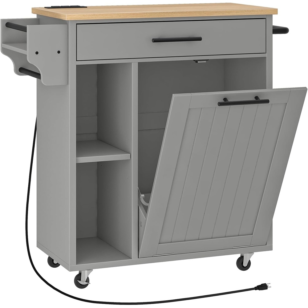 image:imageHOOBRO Kitchen Island with Trash Can Storage Rolling Kitchen Island on Wheels Mobile Island Cart with Power Outlet Islands Table for 10 Gallon Garbage Bin White and Grey GN80UZD01G1Natural Grey