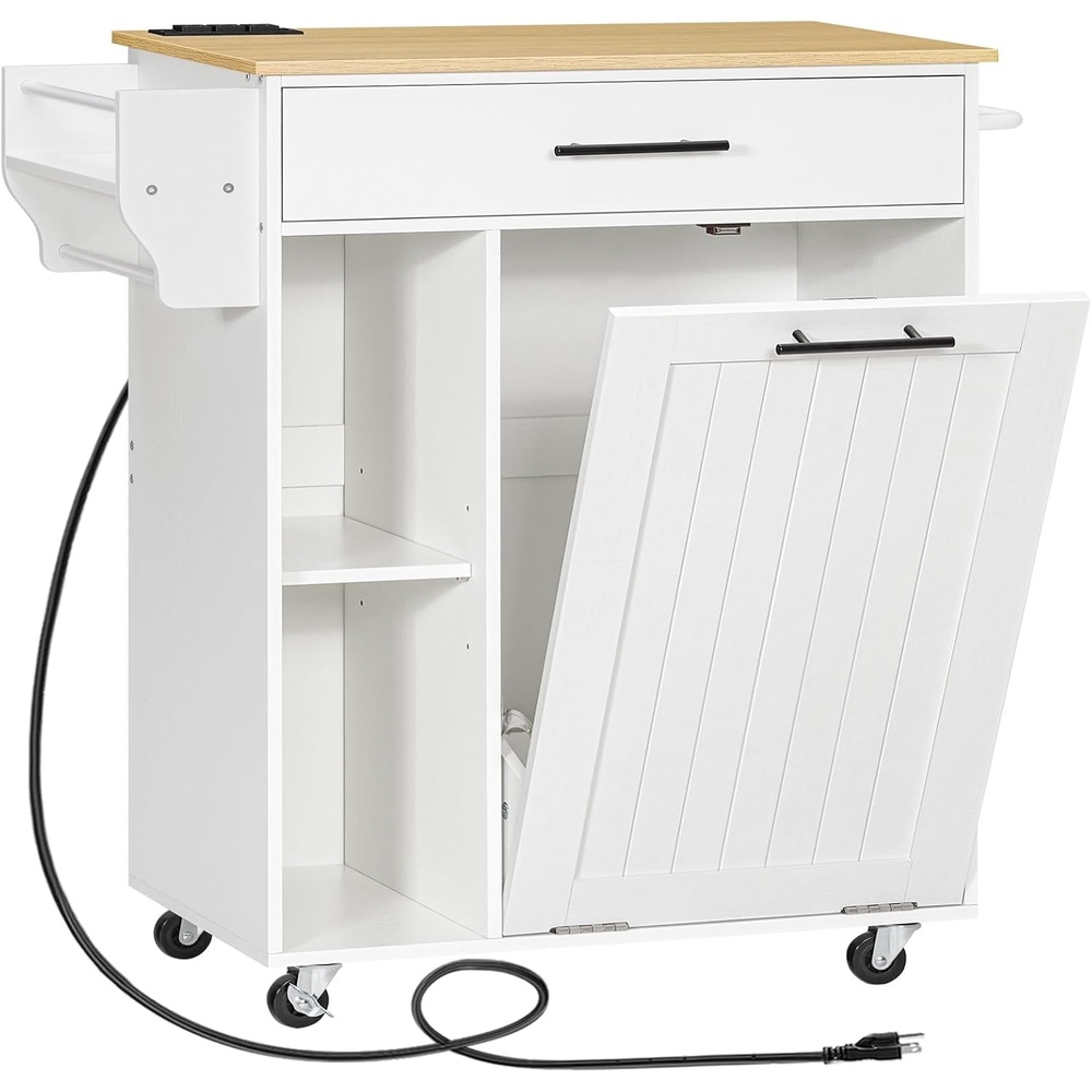 image:imageHOOBRO Kitchen Island with Trash Can Storage Rolling Kitchen Island on Wheels Mobile Island Cart with Power Outlet Islands Table for 10 Gallon Garbage Bin White and Grey GN80UZD01G1Natural  White
